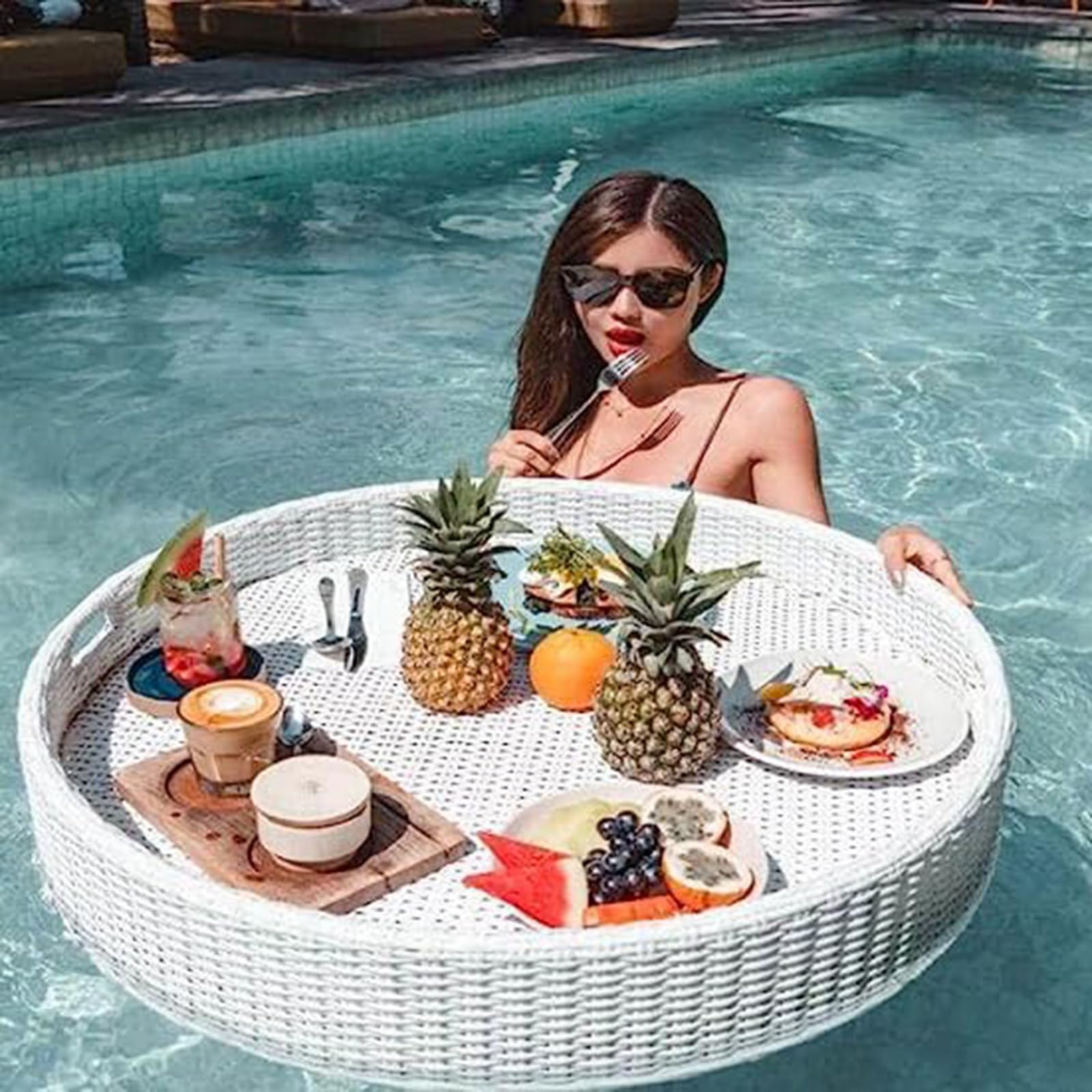 Rattan Woven Serving Tray Swimming Pool Floating Tray Table Floating Tray(White,60CM)