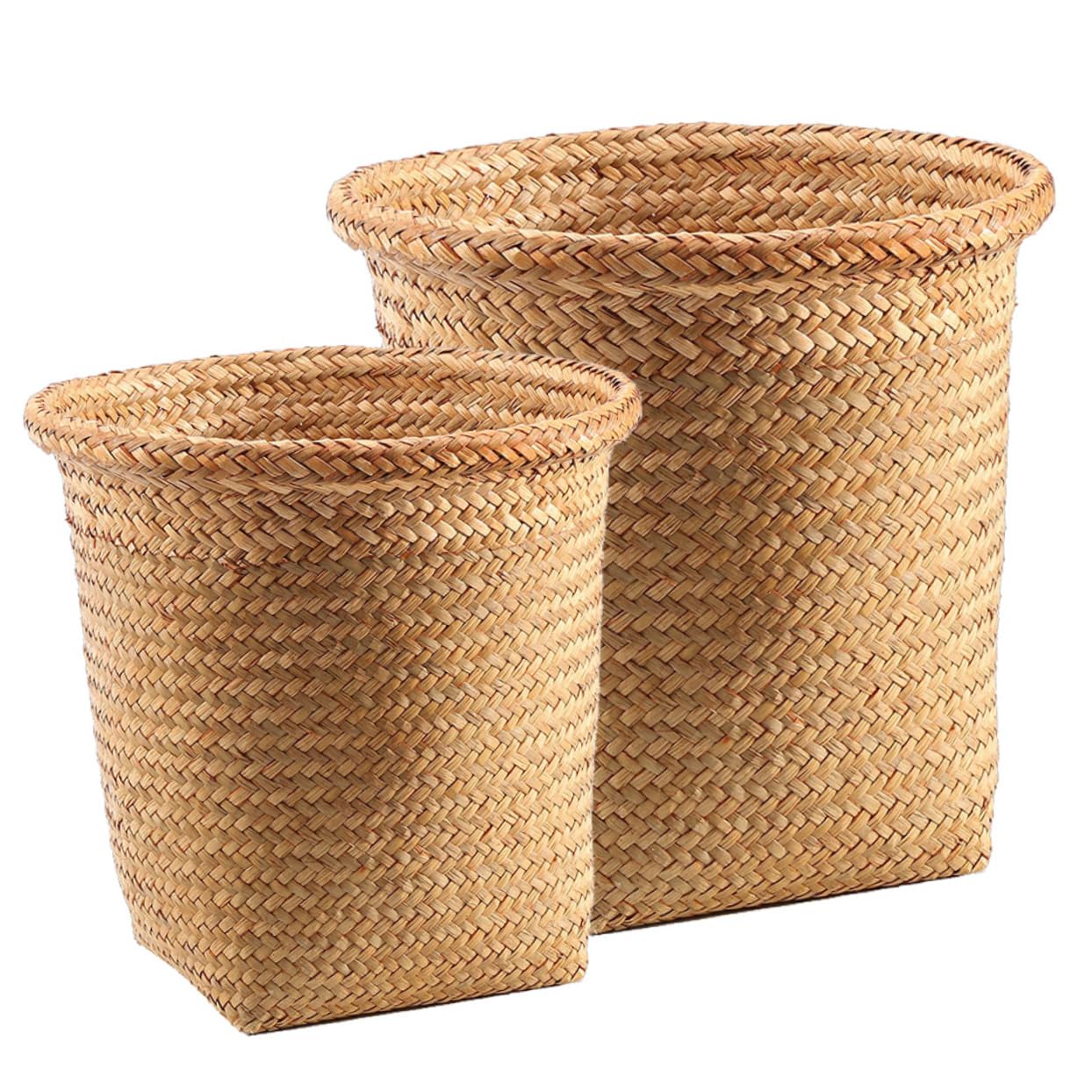 Kichvoe Seagrass Trash Can, 2pcs Round Wicker Waste Basket Boho Woven Garbage Bin Laundry Hamper Basket Rattan Plant Pot Cover for Kitchen Bathroom Home Office