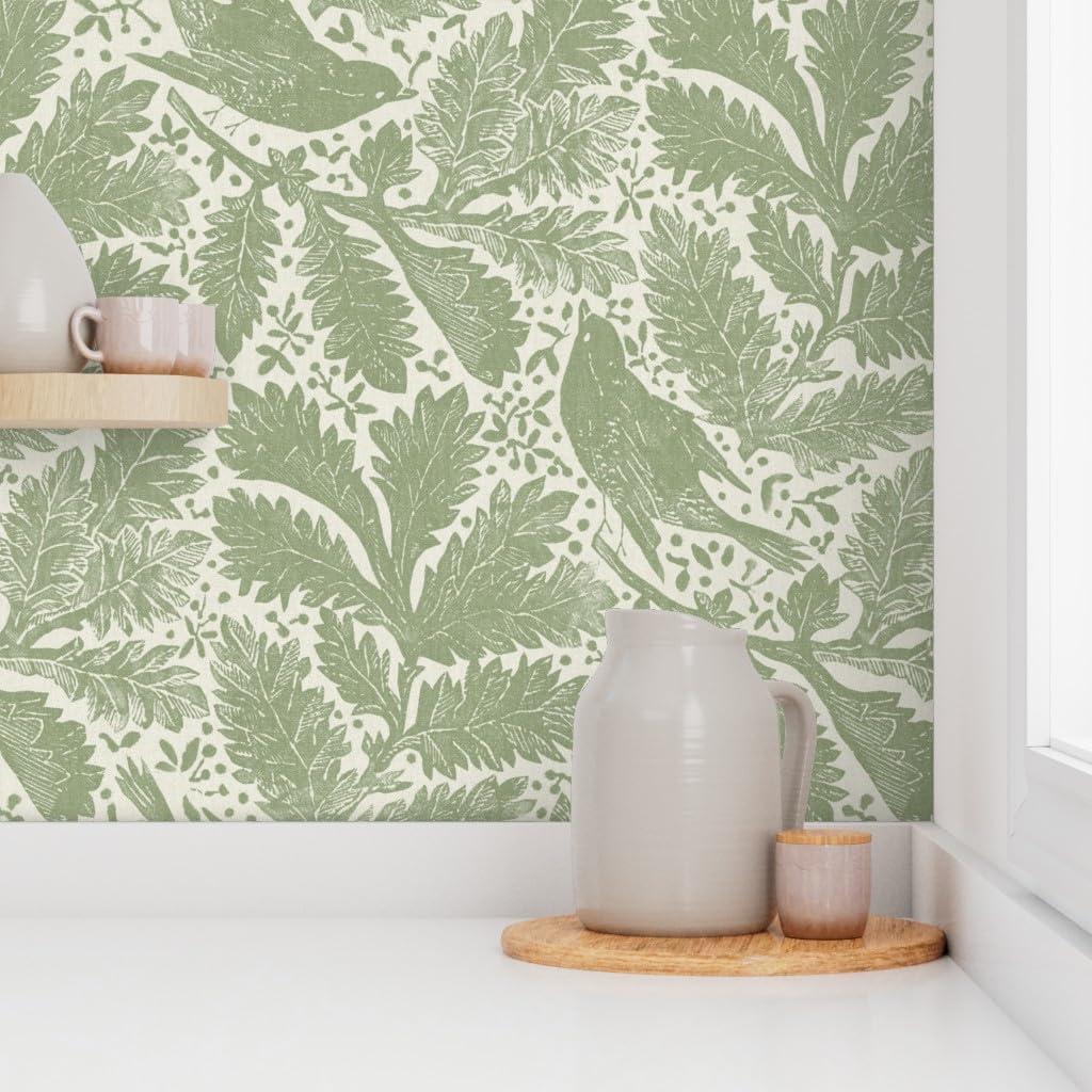 Removable Wallpaper 3ft x 2ft - Sage Floral,Grandmillennial,Songbirds,Arts and Crafts,French Style,English Garden,Statement Floral Custom Pre-Pasted Wallpaper by Spoonflower