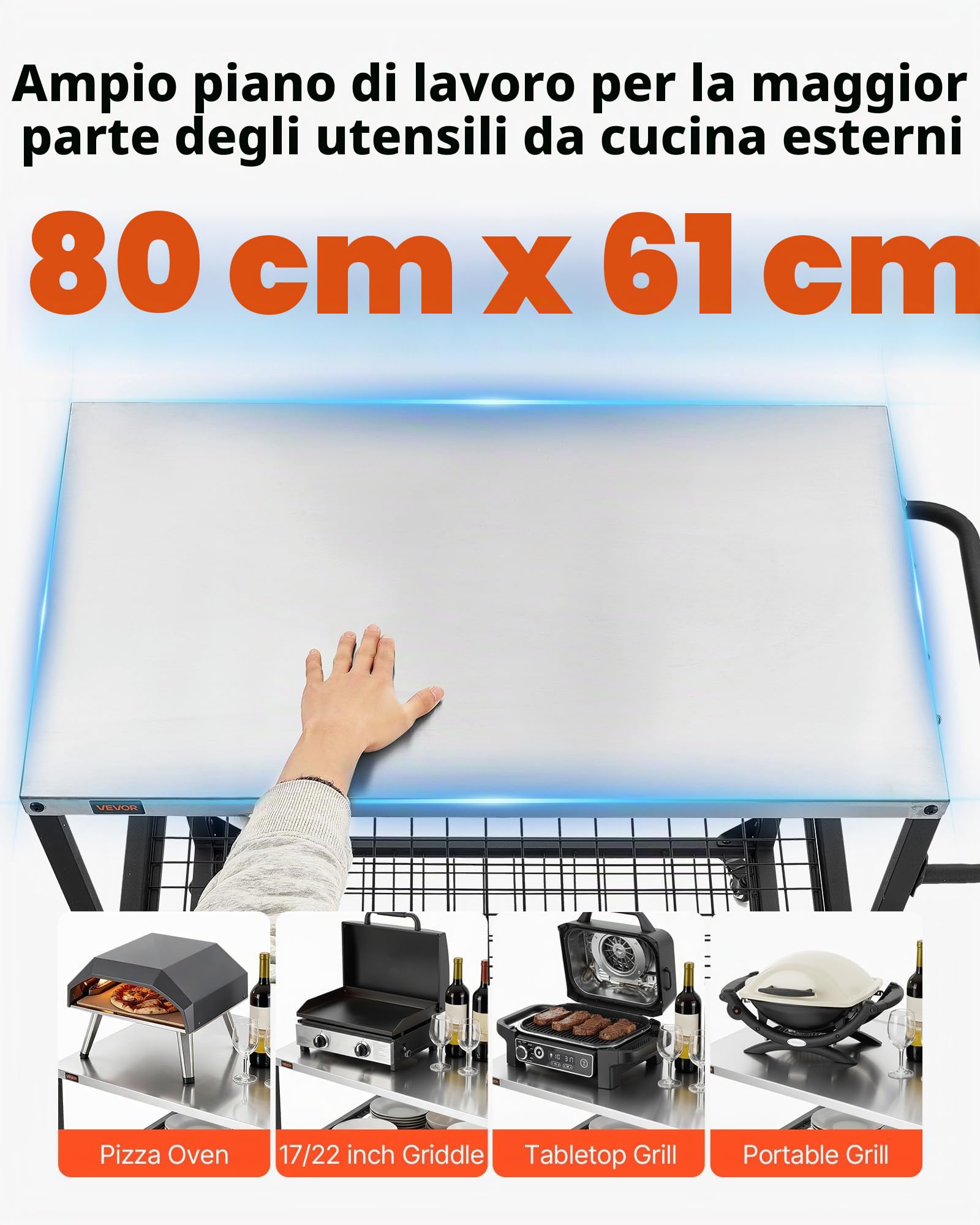 VEVOR Carrello per Griglia da Esterno in Acciaio Inossidabile da 800 x 610 mm, con 4 Ruote e Maniglia Laterale, Due Ripiani in Rete, Tavoli per la Preparazione del Barbecue per Patio e Giardino