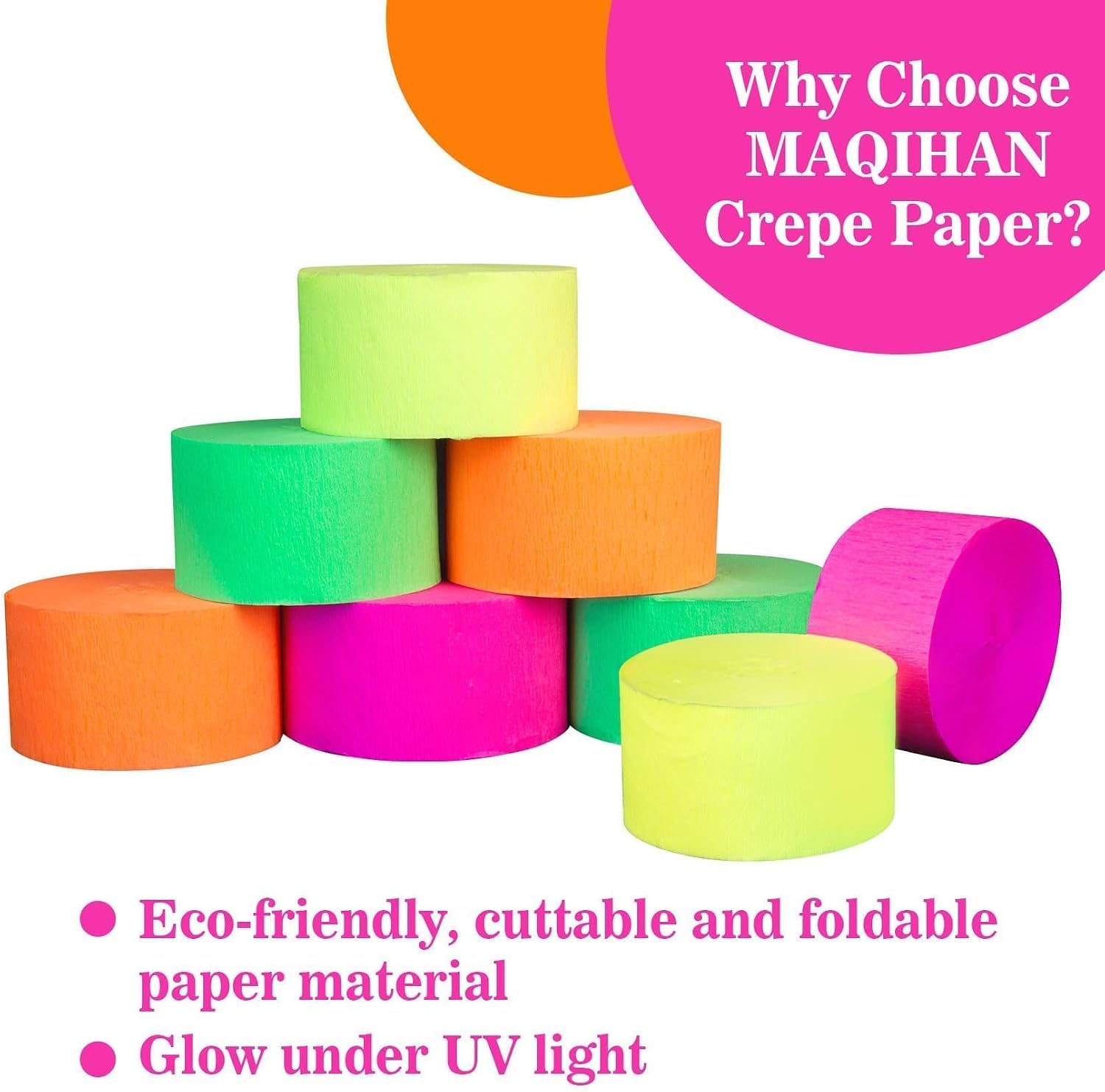 MAQIHAN 656feet Neon Streamers - 8 Rolls Black Light Reactive Fluorescent Crepe Paper Streamers, Neon Party Decorations Glow in The Dark Party Supplies for 80 90s Glow Parties Birthday Helloween Decor