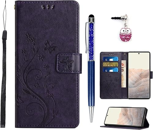 Funda tipo cartera diseñada para Google Pixel 6A, diseño de flores de mariposa pintada para mujer, funda con función atril y soporte para tarjetas