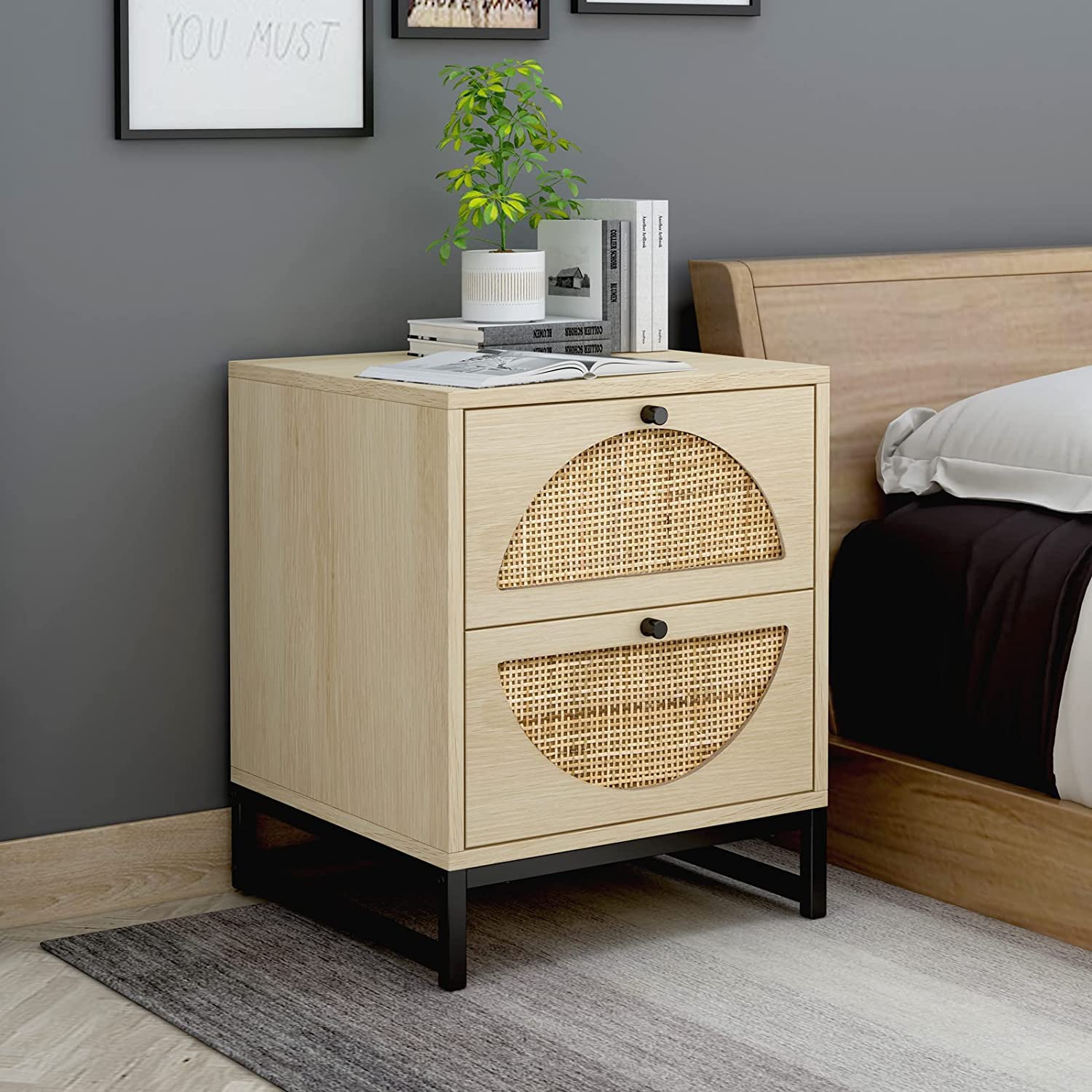 Recaceik Ratten NightStand, Natural End/Bedside Table Cabinet with 2 Ratten Drawers Storage and Metal Legs, Rustic Shelf Bedside End Side Accent Table for Living Room, Bed Room
