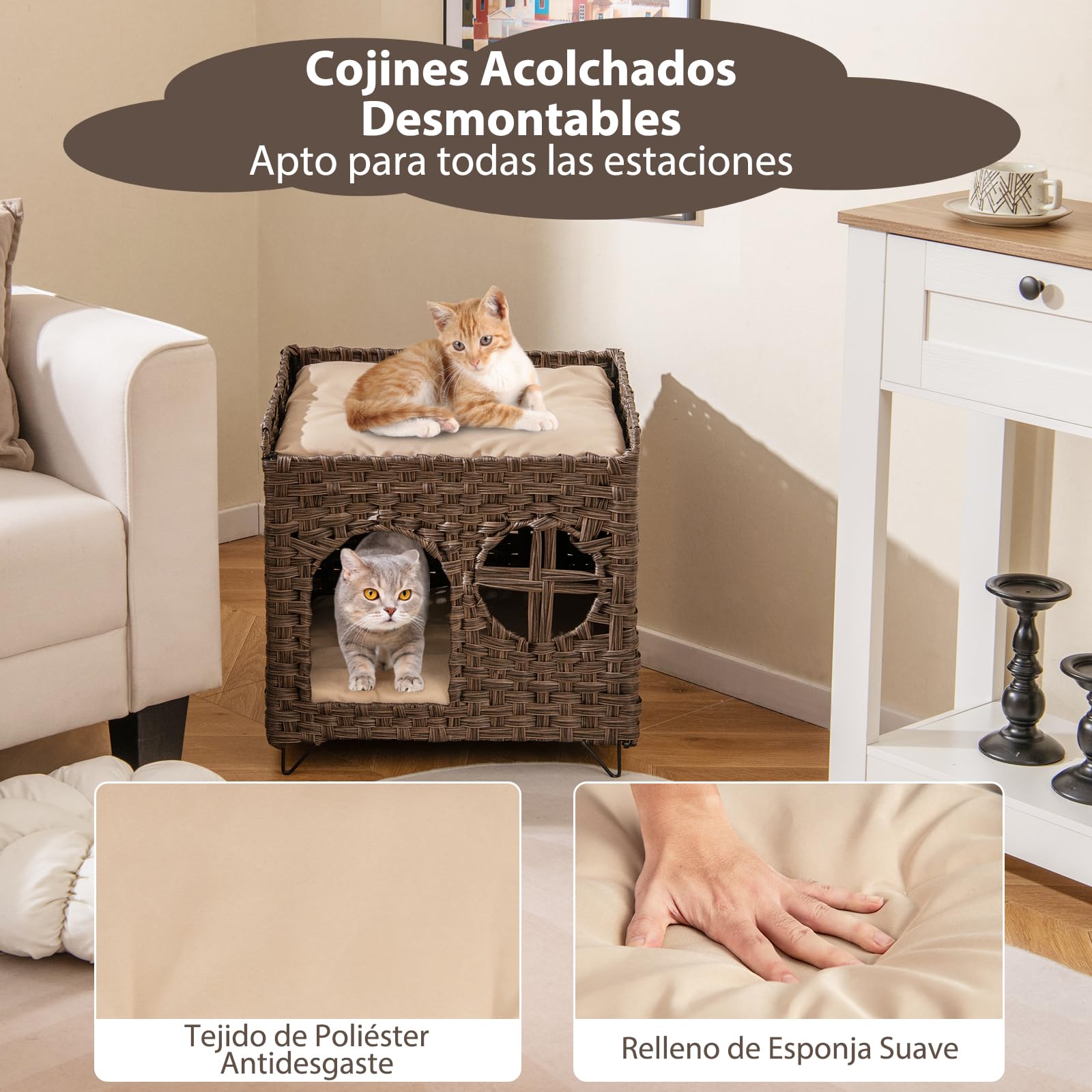 COSTWAY Casa Plegable de 2 Niveles para Gatos, Condominio de Ratán con Percha Elevada, Cueva para Esconderse, Cojines Extraíbles, Mueble para Mascotas de Interior y Exterior, Mesita Auxiliar
