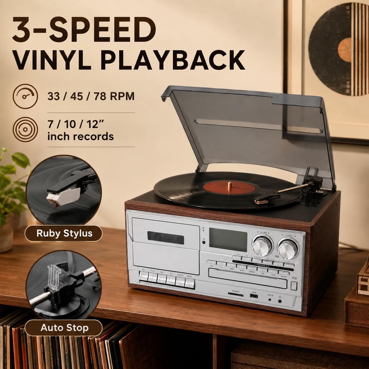 Gramofon 10 w 1 Bluetooth, odtwarzacz CD, kaseta, radio
