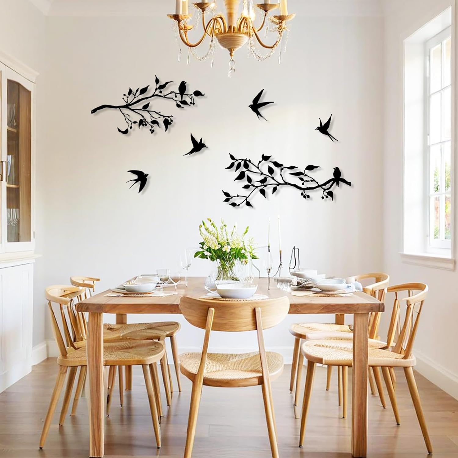 Harikikochuu 4 Pieces Large Birds on Branch Metal Wall Art Decor Swallow Outdoor Wall Art Black Leaves with Birds Silhouette Hanging Wall Sculpture for Balcony Garden Patio Decor (Black)