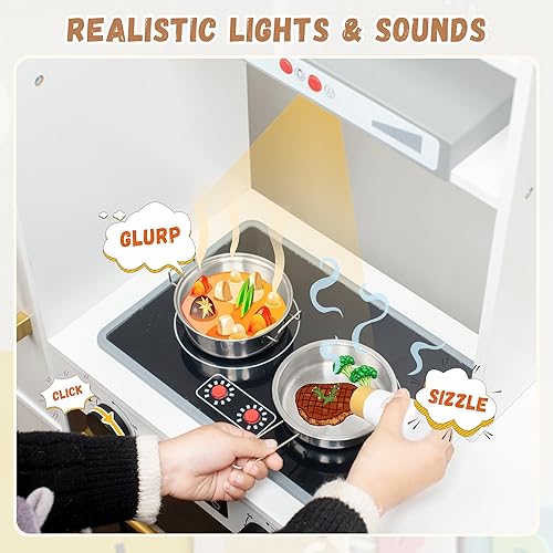 Miniatura 2 de Juego de cocina interactivo de madera para niños, luces y sonidos realistas, diseño de esquina con 8 accesorios, regalo para niñas y niños a partir