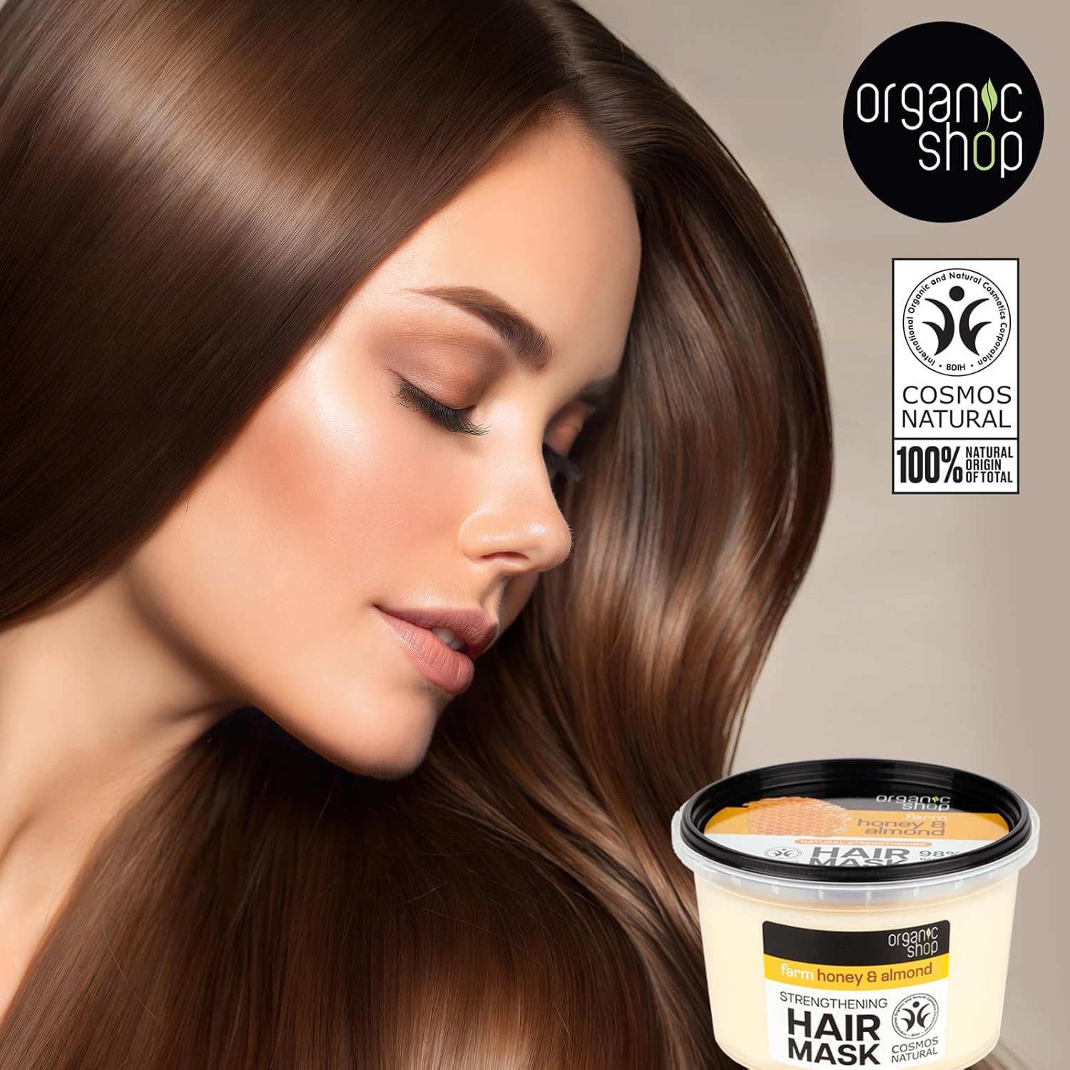 Organic Shop Honey & Almond Hair Strengthening Shampoo + Conditioner + Mask. Hydrate Moisturizing Restorer, Softens & Deeply Hydrates Dry Damaged Hair, Sulfate Free. 100% Vegan & Organic. Pack-3