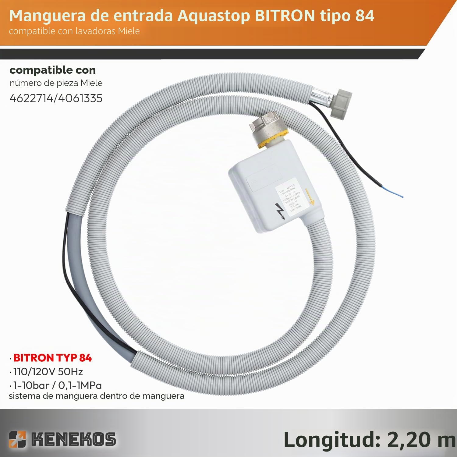 Kenekos - Manguera de entrada Aquastop de 2,2 m BITRON tipo 84 adecuada para lavadora Miele 4622714/4061335, 3/4 pulgada WPS, manguera de entrada de seguridad con conexión eléctrica