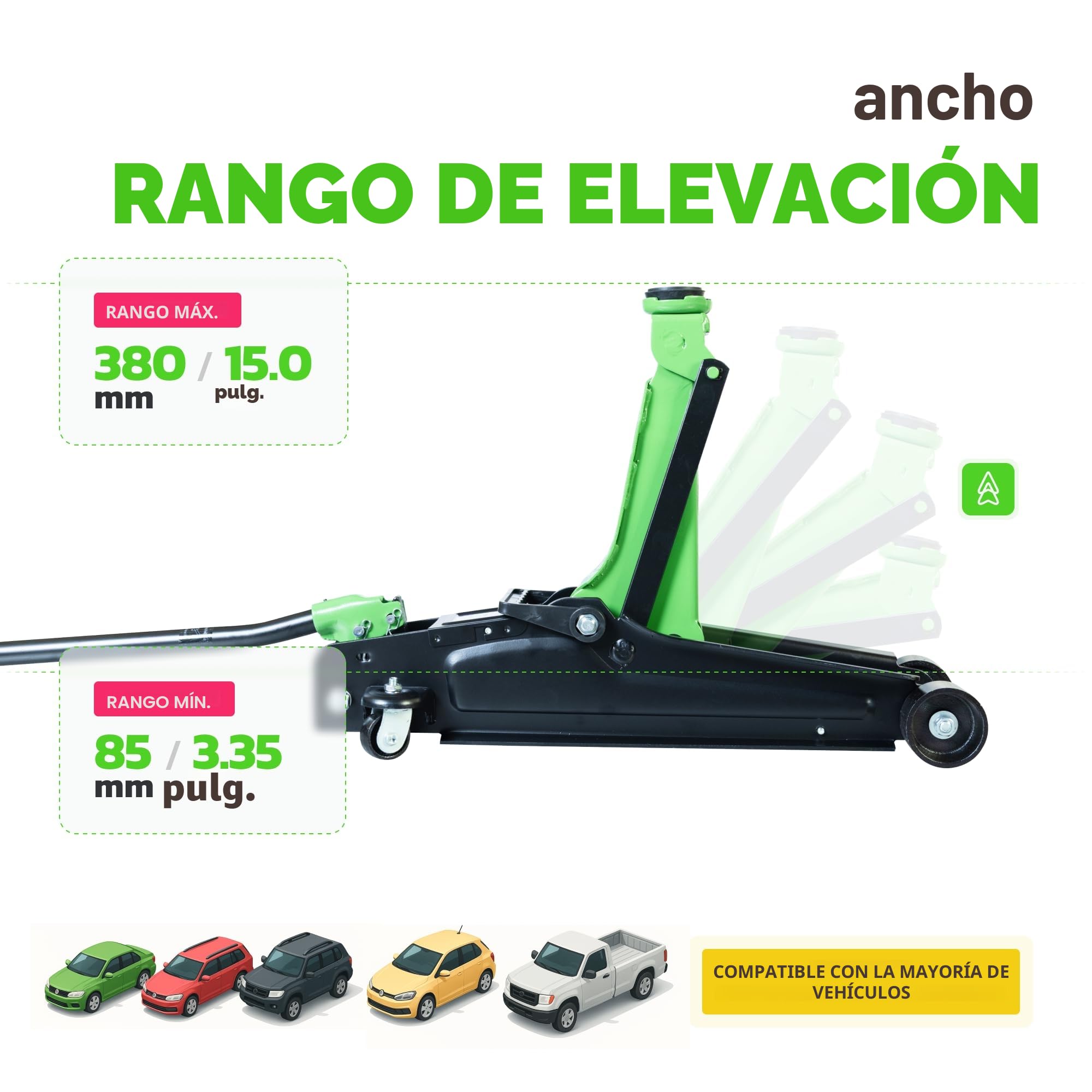 Gato Hidráulico de Carretilla 2,5 T (2500 kg) – Perfil Bajo, Altura 85-380 mm – Elevación Rápida, Almohadilla de Goma y Ruedas 360° – Gato para Coches y SUV, Ideal para Cambio de Rueda