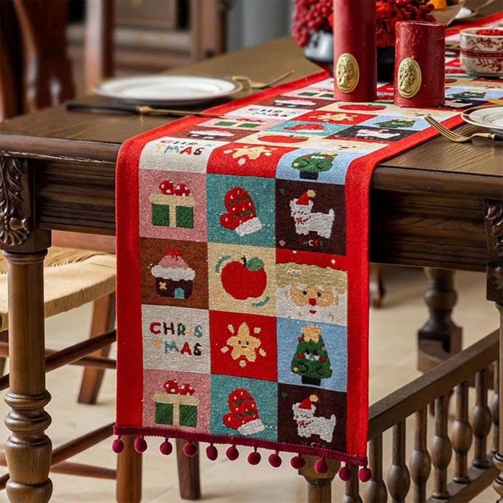 Christmas Table Runner, 14x71in Soft Xmas Winter Table Scarf with 6 Patterns & Pom-Pom Tassels for Holiday Kitchen Dining Home Party Decor
