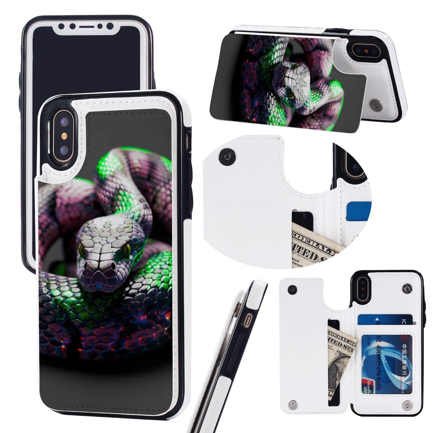 Etui portfelowe na iPhone'a X/XS, nadruk węża 3D, skórzane etui na telefon z przegródką na karty
