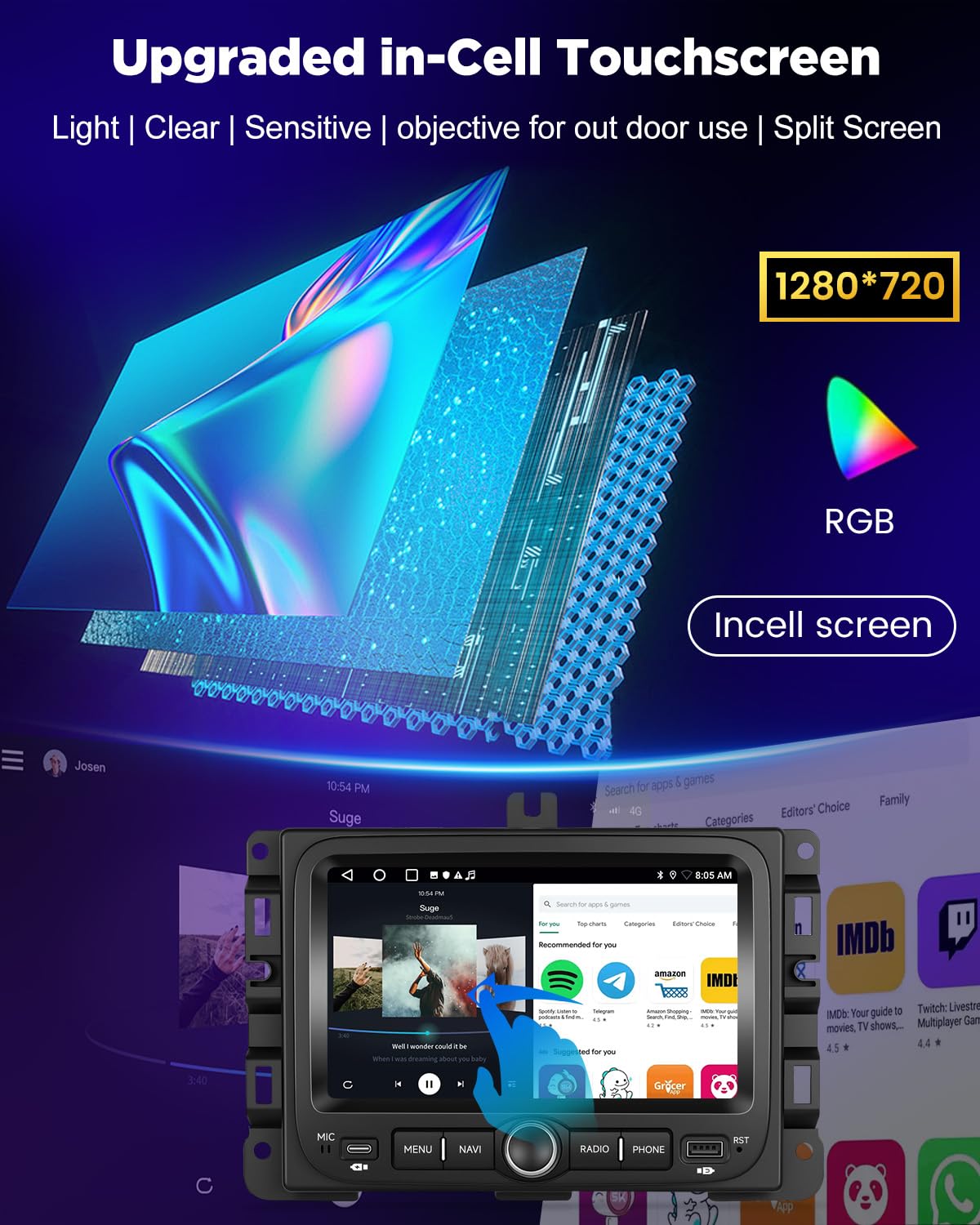 NHOPEEW Radio samochodowe 4+64G do Jeep Renegade 2016-2020/Compass 2017-2020 z bezprzewodowym Carplay i Android Auto – 7-calowy ekran Incell, obsługuje WiFi, GPS + kamerę cofania, magistralę Canbus
