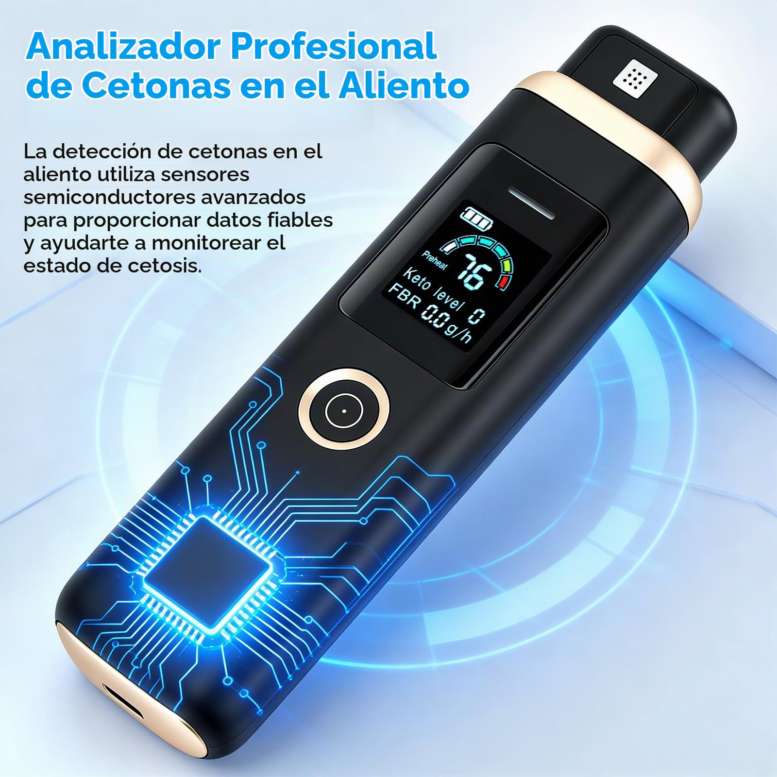 Medidor de Cetonas - Analizador de Aliento de Cetona de alta Precisión para Medición de Cetosis | Medidor de Cetonas para Nutrición Cetogénica, Bajo en Carbohidratos y Fitness | Monitoreo Digital de