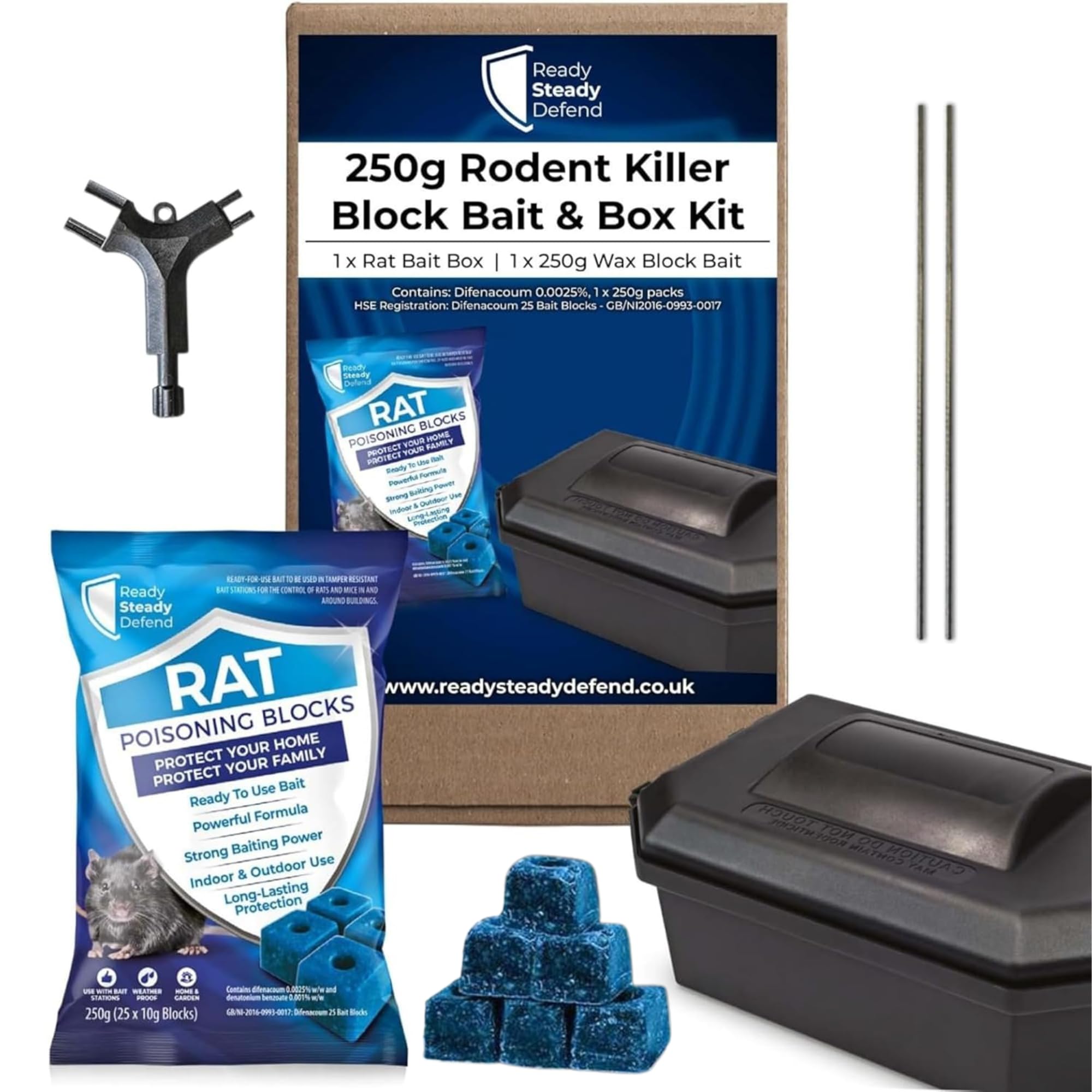 Rodent Bait Box & Wax Block Rat Poison Kit (1 Box & 250g Blocks) Rat Poisoning Super Strength for Effective Rodent Control, Mouse Trap and Rat Trap Solution, Indoor Killer & Powerful Bait Station