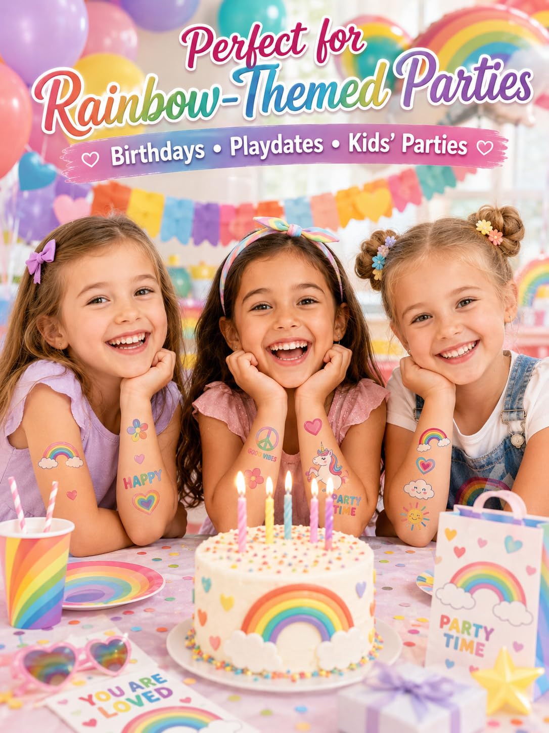 Rainbow Temporary Tattoos for Kids - 88 Cute Designs, Unicorn Birthday Party Favors, Goodie Bag Fillers, Baby Shower Supplies, Waterproof Fake Tattoos (88) image 5
