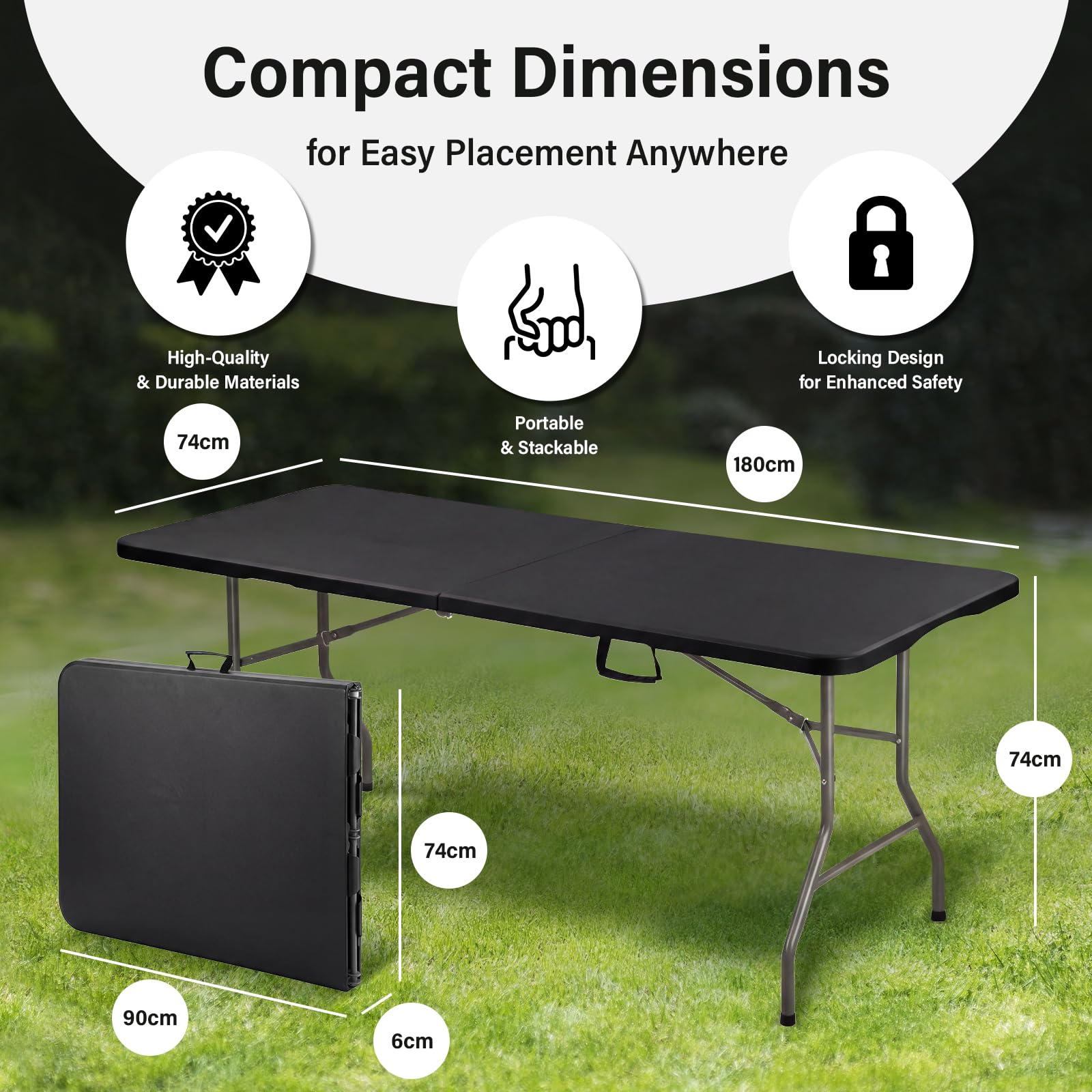TEENO Tavolo pieghevole 180 x 74 x 74 cm | rettangolare nero | tavolo pieghevole esterno 6 oro 8 posti | con serratura di sicurezza | HDPE | tavolo da giardino pieghevole perfetto per credenze, feste