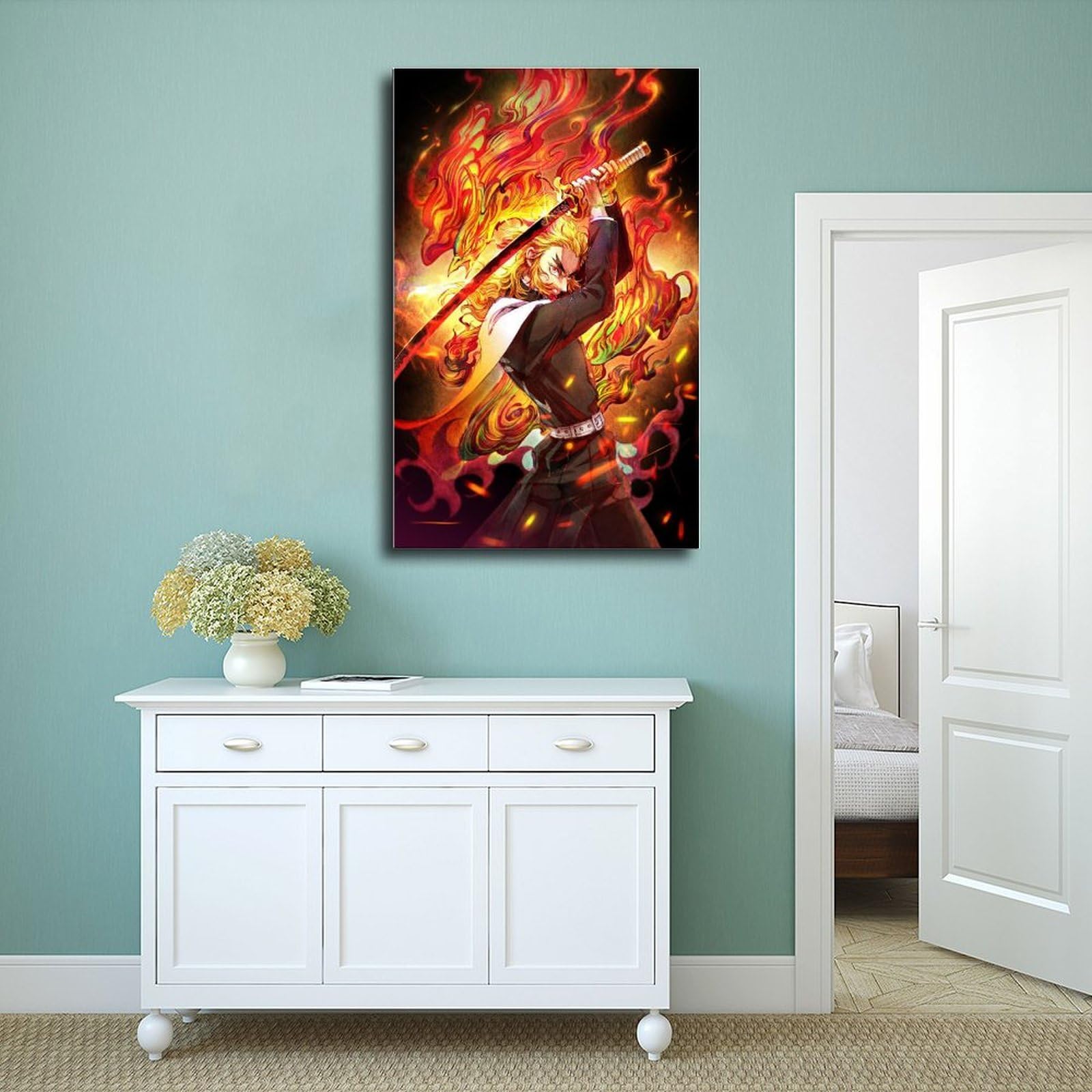 Tenture Murale Anime Rengoku 110x200 Cm – Décoration Manga Demon Slayer, Polyester, Pour Salon Ou Chambre
