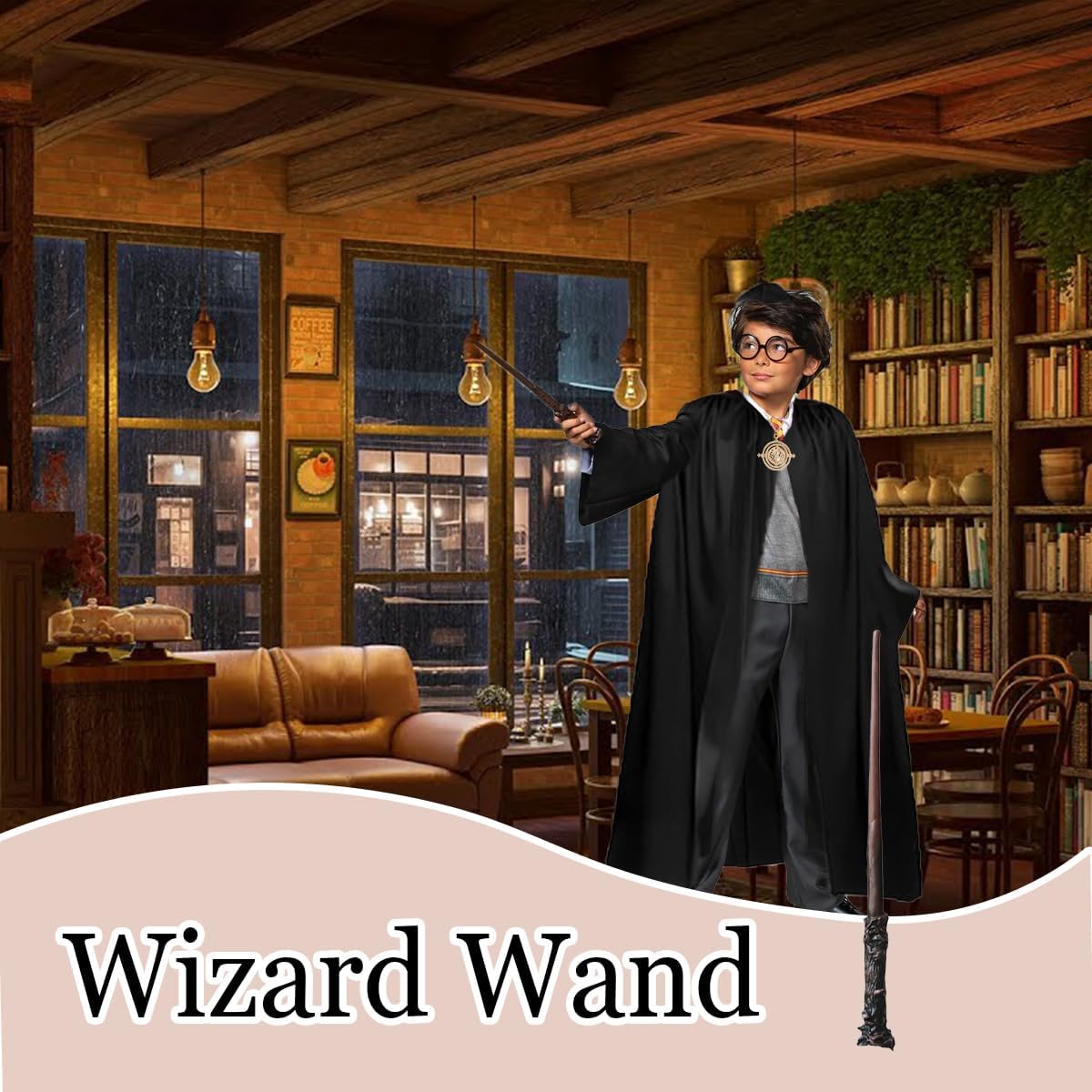 AXERHK 6 PCS Wizard Cape Costume, Potter Accessories Set including Cloak, Tie, Glasses, Wand, Tattoo Sticker and Necklace - Image 4