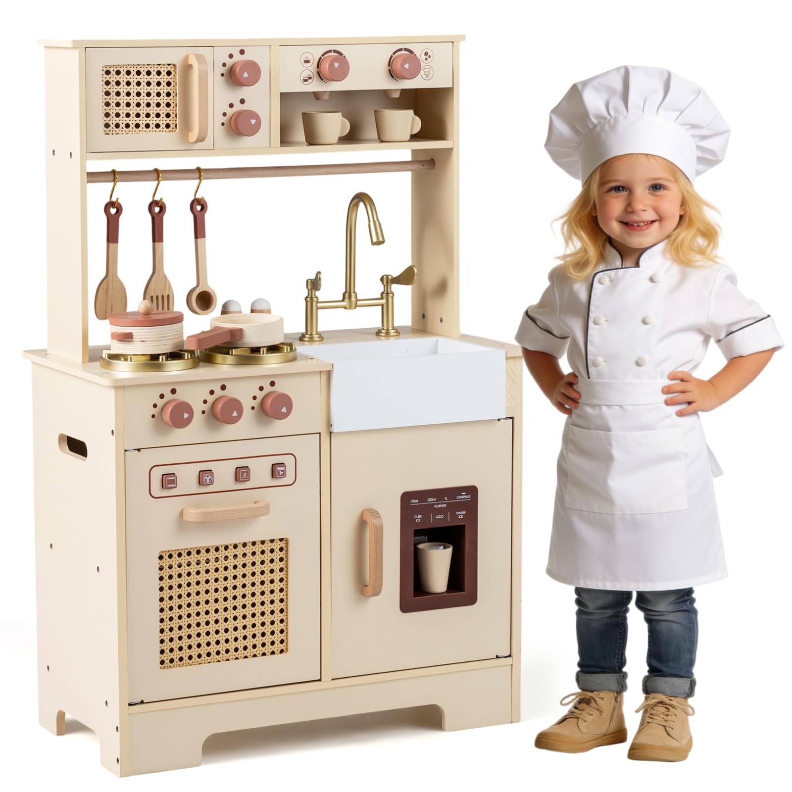 GYMAX Kids Play Kitchen, Wooden Toy Kitchen with Stoves, Oven, Ice Machine, Microwave, Coffee Maker, Accessories, Lights and Sounds, Cooking Role Playset for 3+ Years Old (Yellow)