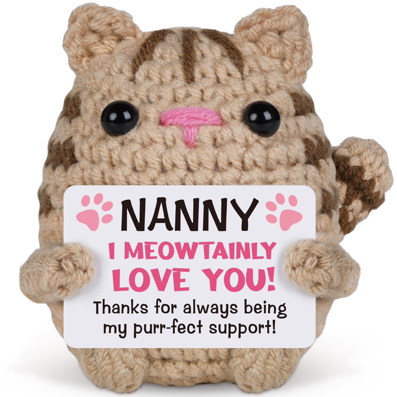 Nanny Gifts from Grandchildren - Handmade Crochet Cat with Card, Nanny Birthday Gifts, Mothers Day Christmas Birthday Presents for Nannys Nan Nana Grandma from Grandkids, Emotional Crochet Kitty Decor