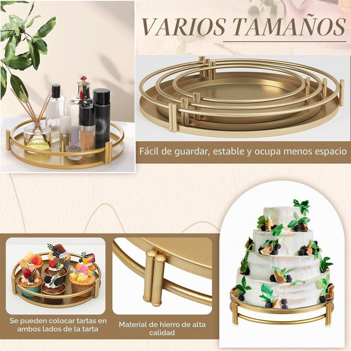 Soporte dorado para tartas, 3 soportes de metal para postres, cupcakes, para fiestas, galletas, postres, bandeja de bandeja para bodas, baby shower, fiesta de té