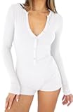INFITTY Women Long Sleeve V Neck Rompers Ribbed Button Down Yoga Rompers Sexy Pajama Unitard Outfit