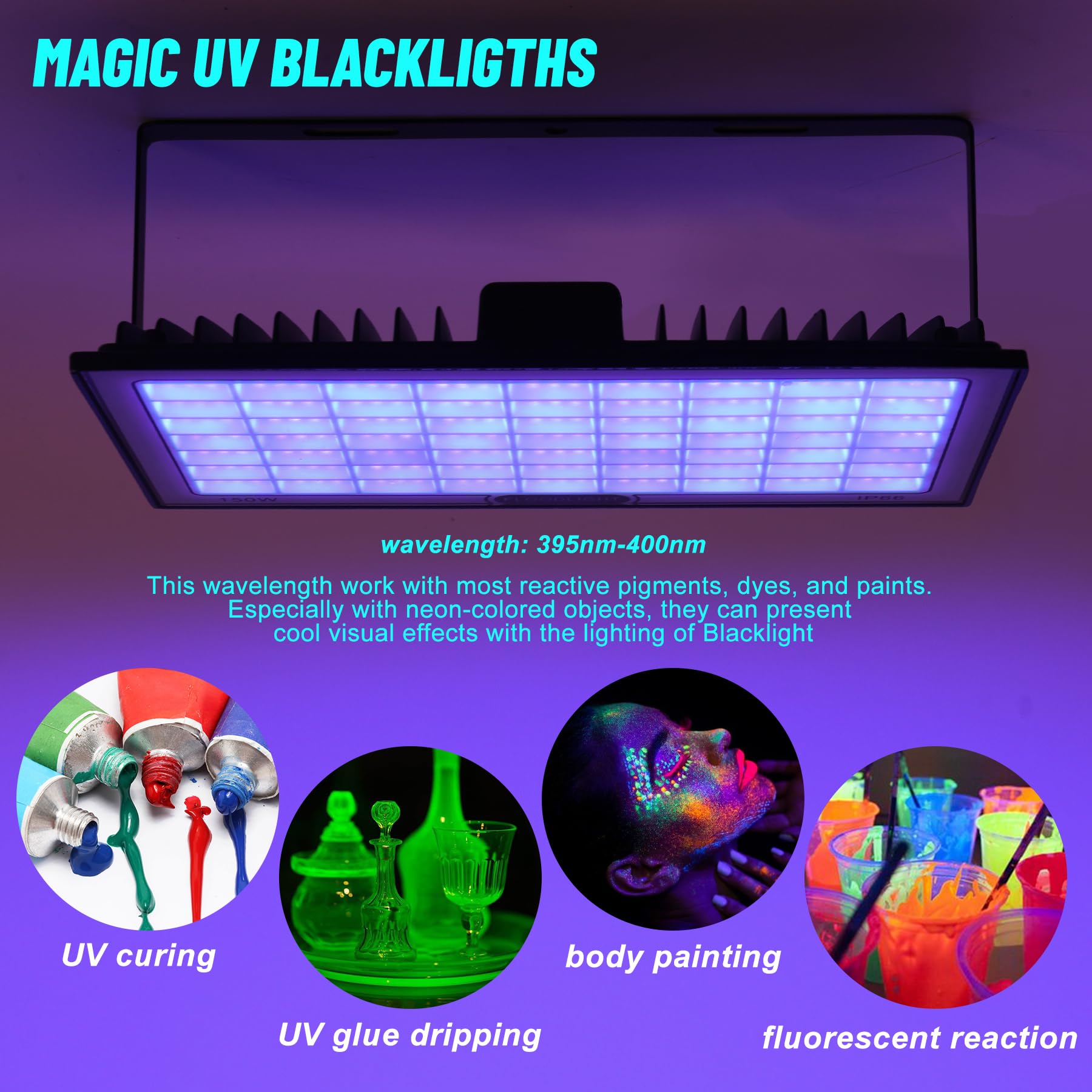 4 Stück 150W UV Schwarzlicht LED Strahler IP66 Wasserdichte Blacklight für Party Halloween Deko