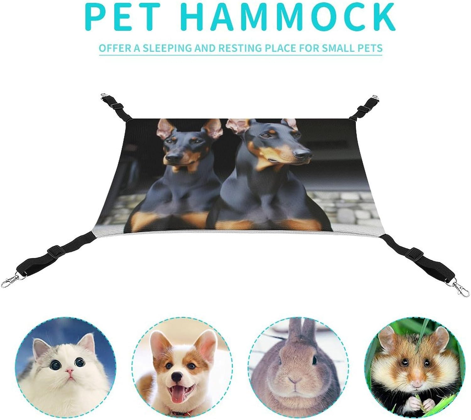review Hanging Pet Hammock, Doberman Printed Soft Breathable Pet Hammock with Adjustable Straps and Metal Hooks for Cats Small Dogs Rabbits Sugar Gliders
