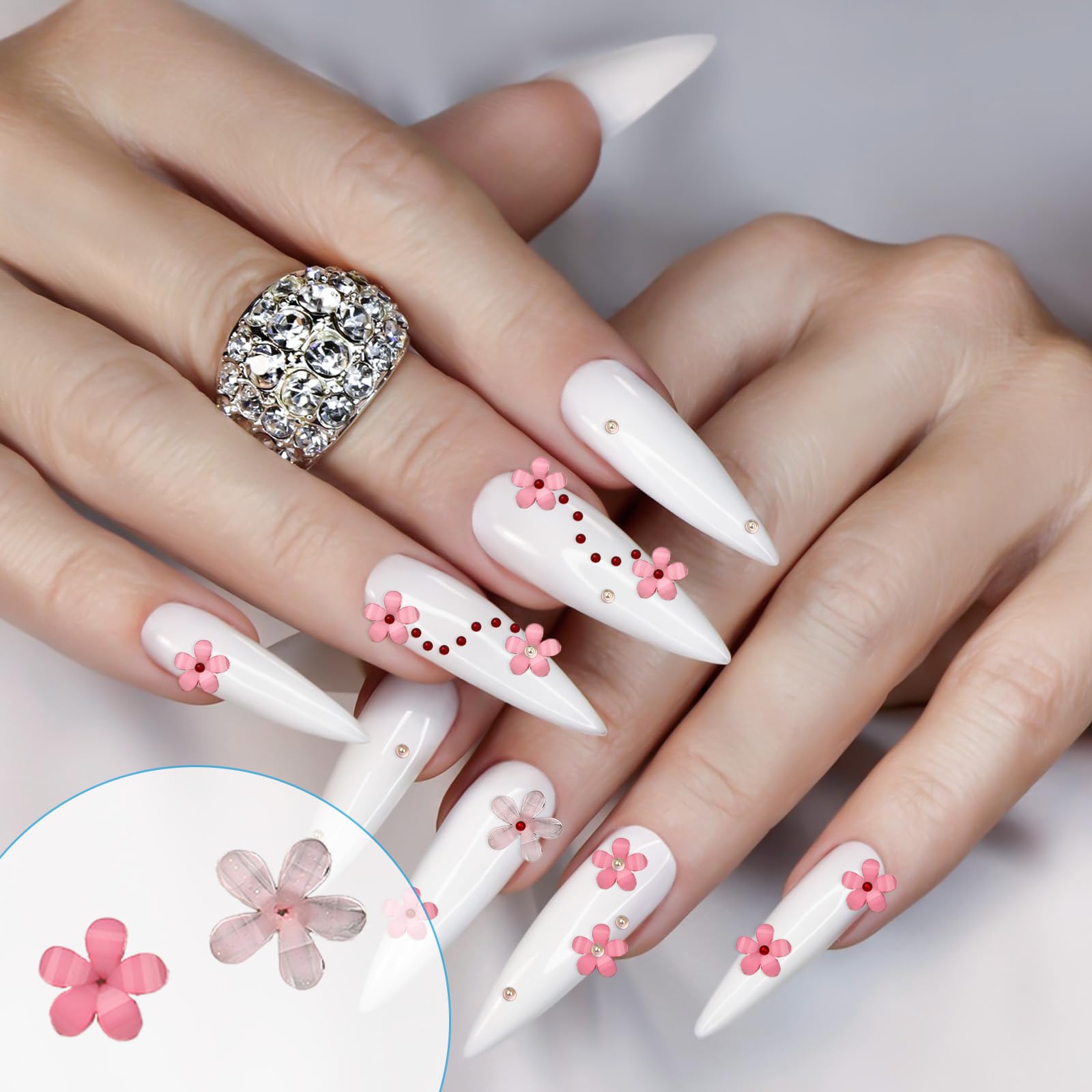 Bewudy Zestaw 500 sztuk ozdób do paznokci, dekoracja 3D, sztuczna żywica, śliczne akcesoria do manicure, kwiaty, kokardki, serca, do dekoracji paznokci, DIY (różowe), 560715_2_7ZHX175TZ