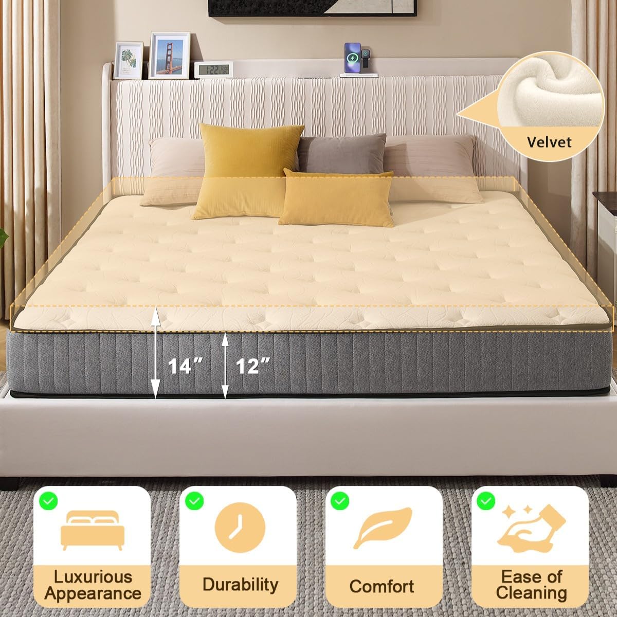 King Size Upholstered Bed Frame with 4 Drawers & Storage Headboard, Velvet Platform Bed Frame with Handy Charging Station, No Box Spring Needed, Easy Assembly, Noise Free, Beige