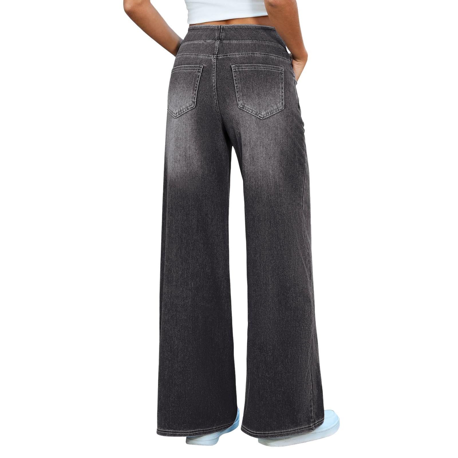 Generisch Jeans da donna a gamba larga, colore blu scuro, a vita alta, dritti, con tasche, pantaloni in denim larghi da infilare, leggeri, comodi, Y2K, elasticizzati