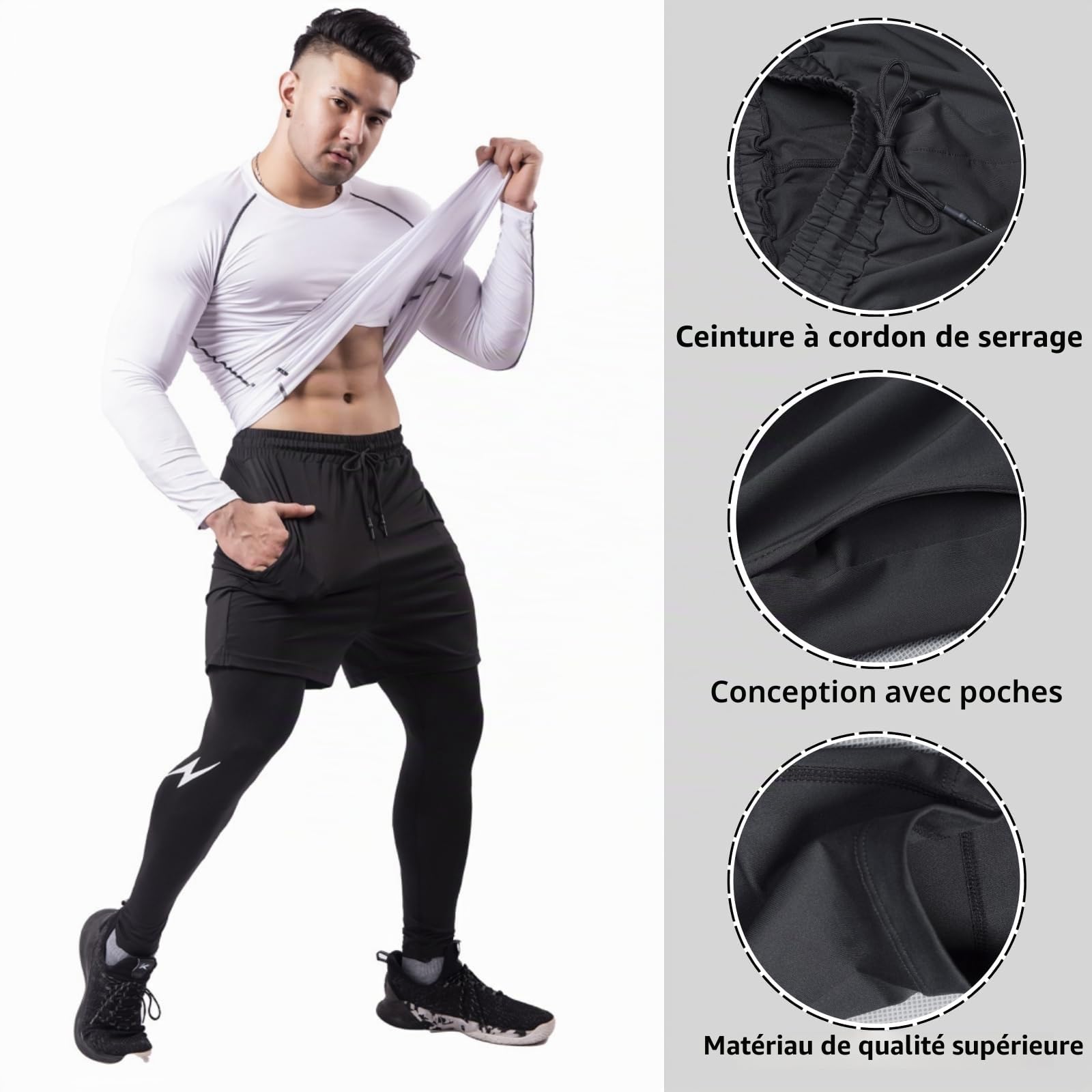 RuiChy Pantalons de Course 2 en 1 Homme Short Sport à Cordon Élastique à Séchage Rapide Pantalon de Compression au Signe Éclair, Fitness Legging Sport avec Poches pour Basketball Football