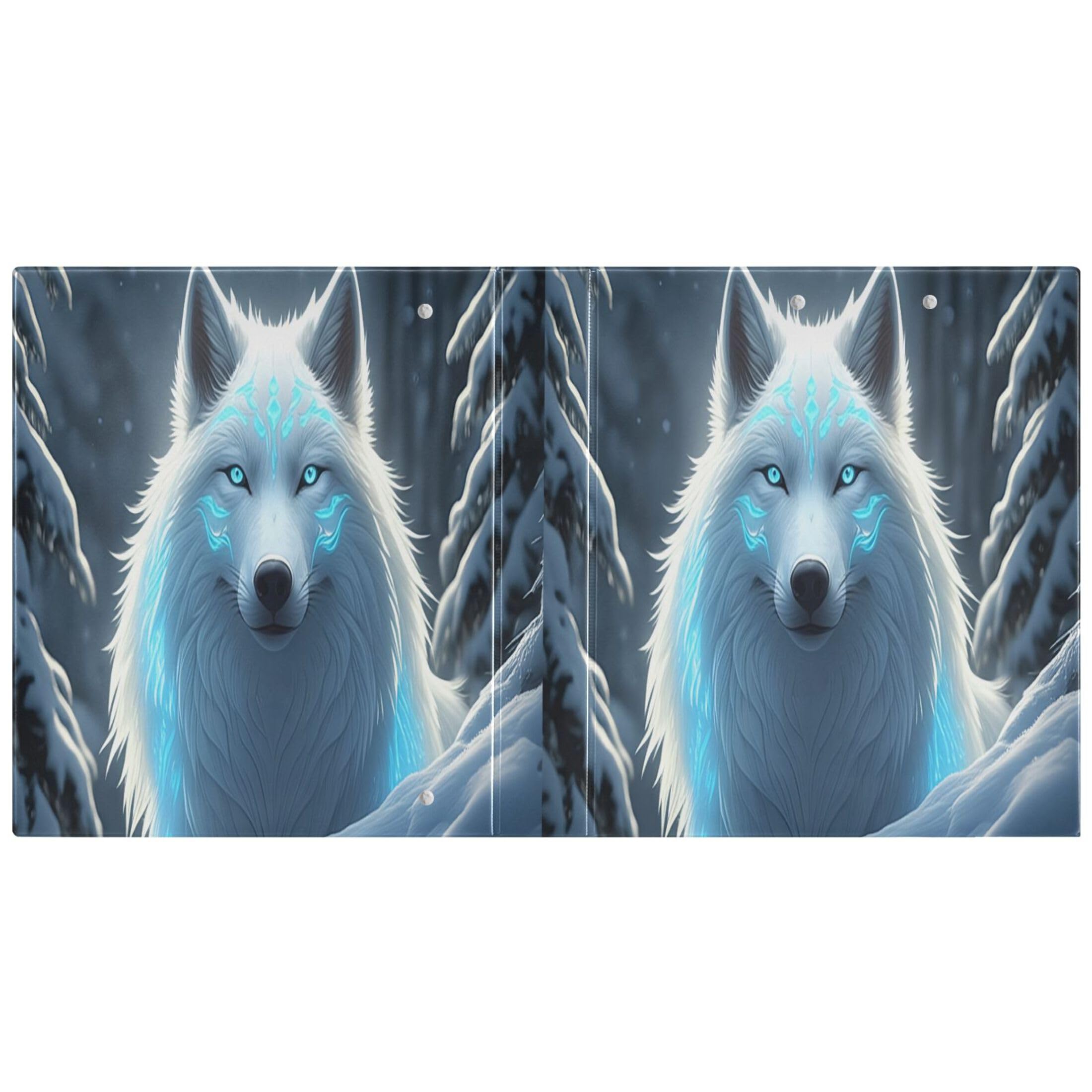 Mystical White Wolf Blue Ordner mit 3 Ringen, 3,8 cm, für 200 Blatt, niedliche Ordner, Portfolio, Blumenmuster, runder Ring, robuster Ordner, 31,5 x 27 x 6 cm, 1 Stück