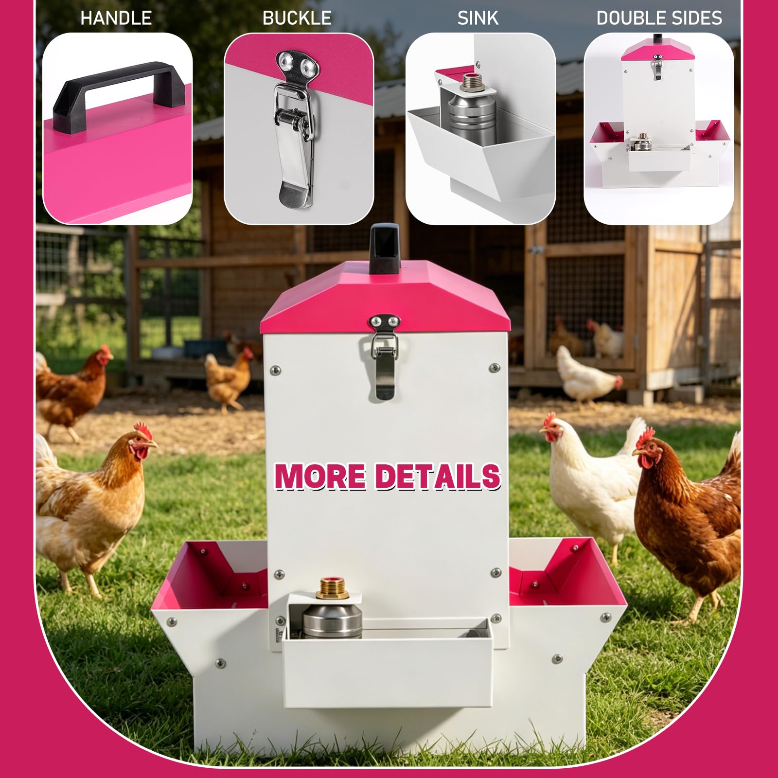 Alimentador automático 2 en 1 para aves de corral, comedero de metal por gravedad con bebedero, bandeja de alimentación de doble cara para pollos, patos, gansos, portátil con mango y candado