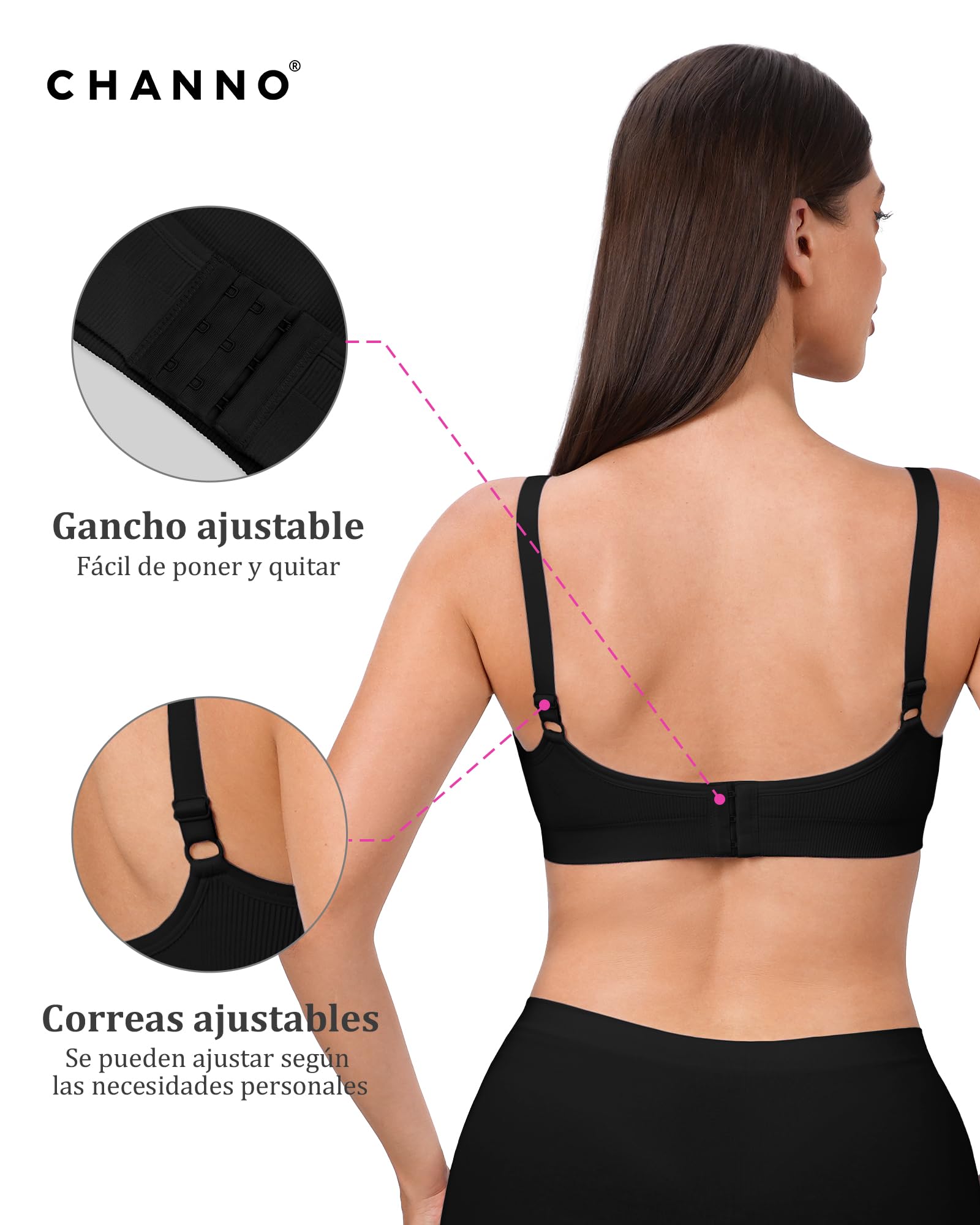Channo Sujetador Deportivo sin Aros: Tela Licra Canalé con Tirantes Ajustables y Cierre en la Espalda sin Costuras Pack de 3