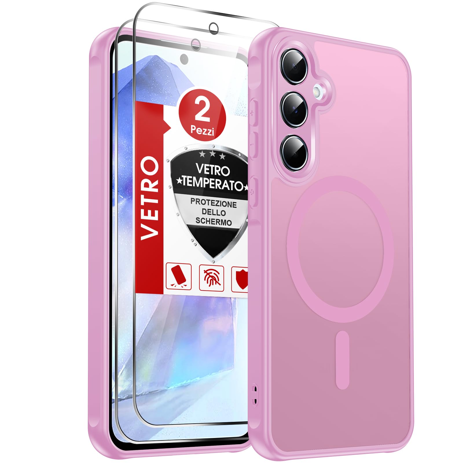 LeYi Cover Magnetica per Samsung A55 5G con 2 Pezzi Vetro Temperato, Custodia per Galaxy A 55 Traslucida Opaca Anti-Impronte Resistente ai Graffi Paraurti in TPU Antiurto Protettiva Case, Rosa