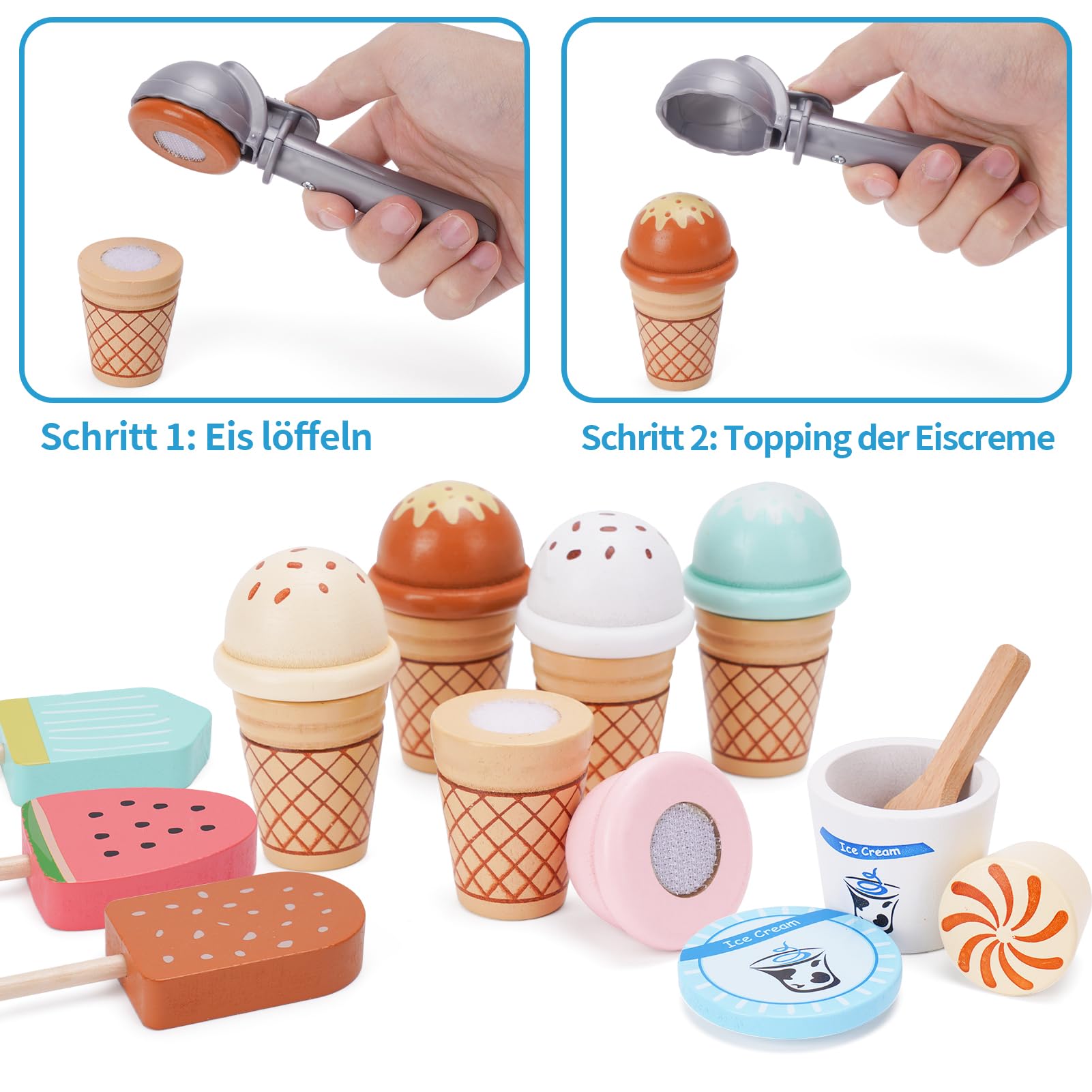 Eisdiele Kinder Holz, Kinderküche Zubehör ab 3 Jahre, Holzspielzeug Spielküche Zubehör, Eisladen Kinder Holz Einkaufsladen, Montessori Spielzeug Weihnachten Kinderspielzeug für Jungen Mädchen