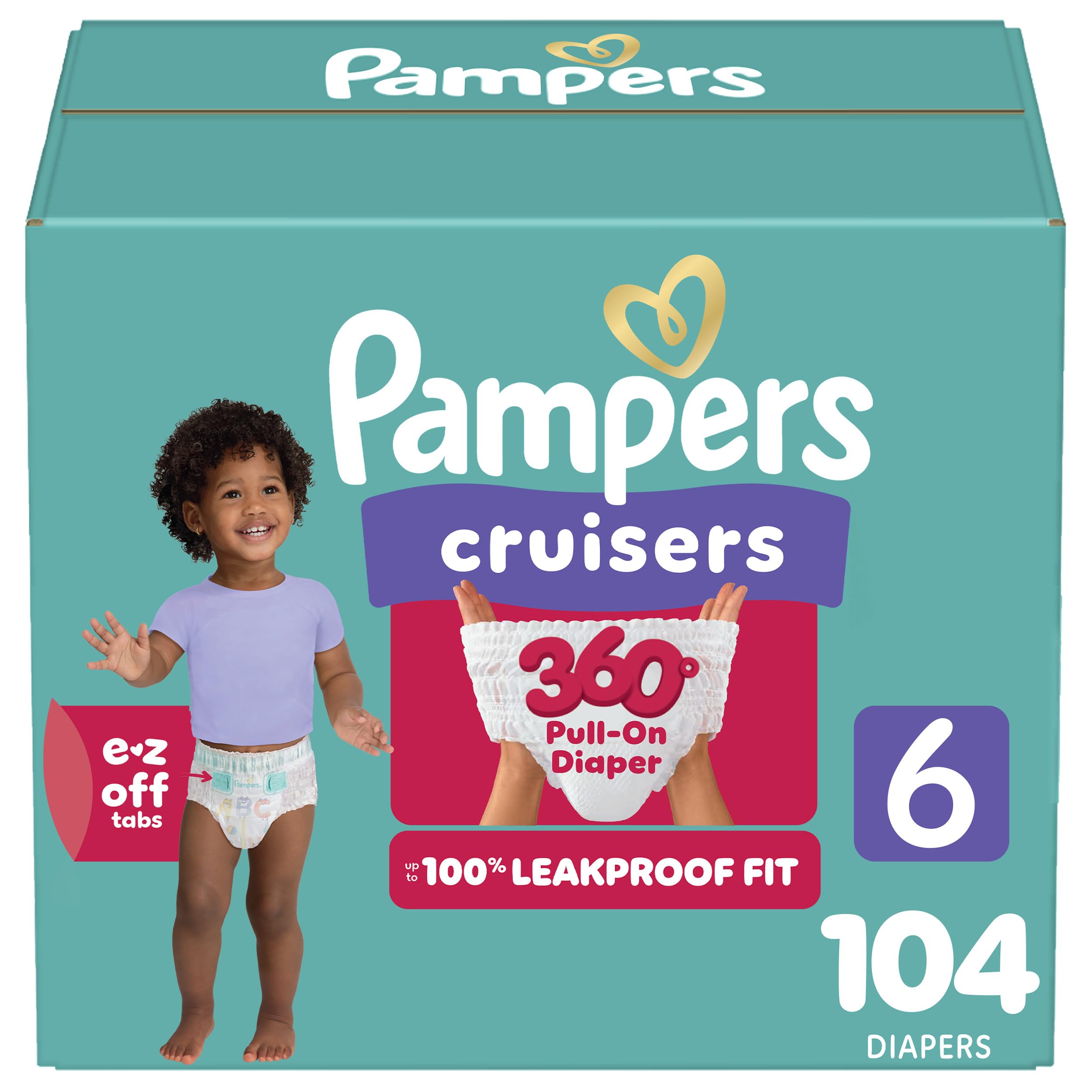 Pampers Diapers - Cruisers 360 degrees - Size 6, 104 Count, up to 100% Leakproof Fit, Designed for Active Babies, Pull On Diaper, EZ Off Tabs Designed for Easy Changes