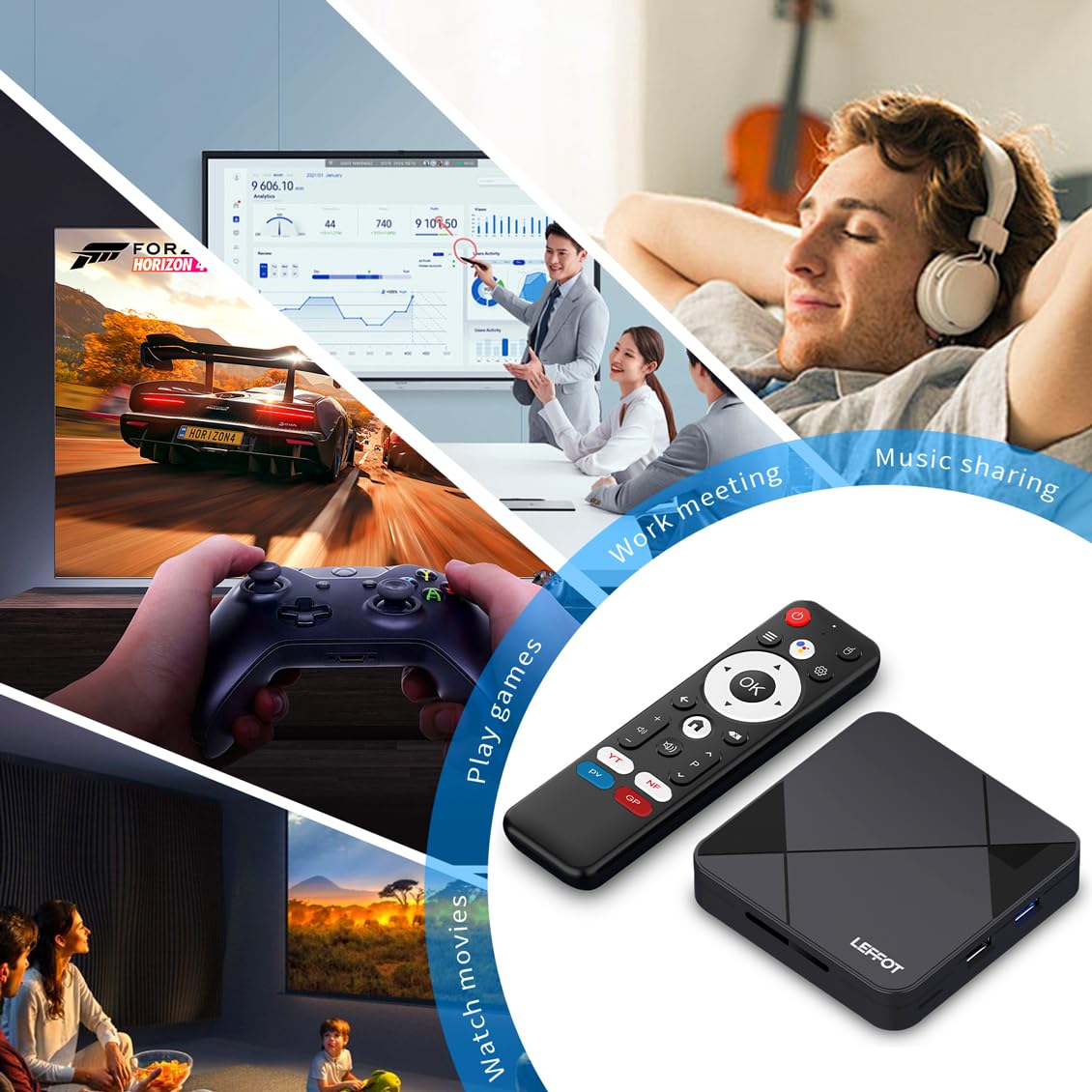 4K - Custodia Android TV, LEFFOT Android 14.0 TV Box 2026, 2GB RAM + 16GB ROM | Custodia IP-TV Streaming con controllo vocale, WiFi 6, BT 5.4, USB 3.0 HDR10, RK3518 Quad-Core A53