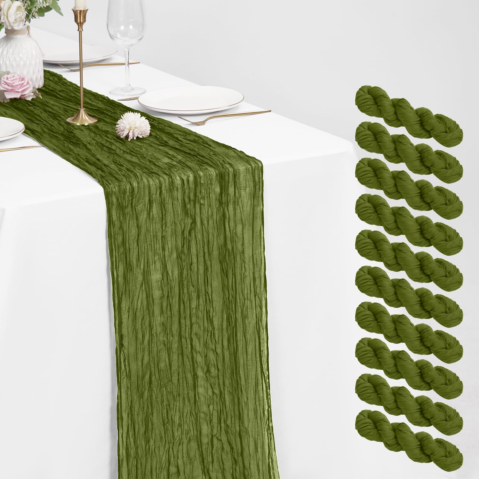 10 Pack Cheesecloth Table Runner Olive Green 21 x 120 inch Rustic Boho Gauze Fabric Table Runner Romantic Long Cheesecloth Table Runner for Wedding, Festival, Anniversary, Dinner and Outdoor Events