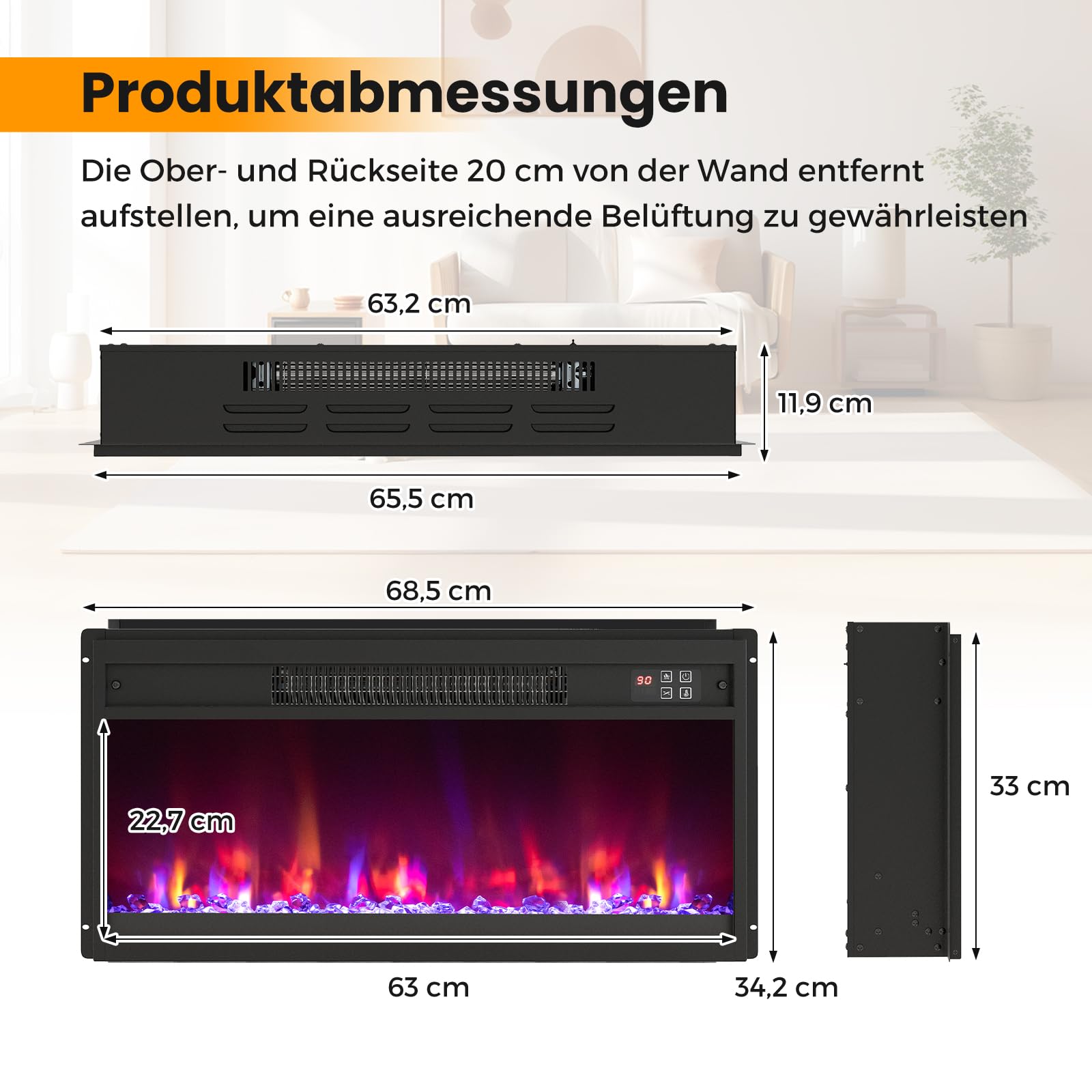 RELAX4LIFE 26" Elektrokamin mit heizung, schwebender Kamin mit LED-Ambientelicht & 3D-Flammeneffekt & Kristall-Glutbett, Deko Wandkamin mit Fernbedienung, 1500 W, 8 Flammenfarben, 9H-Timer, 17℃-32℃