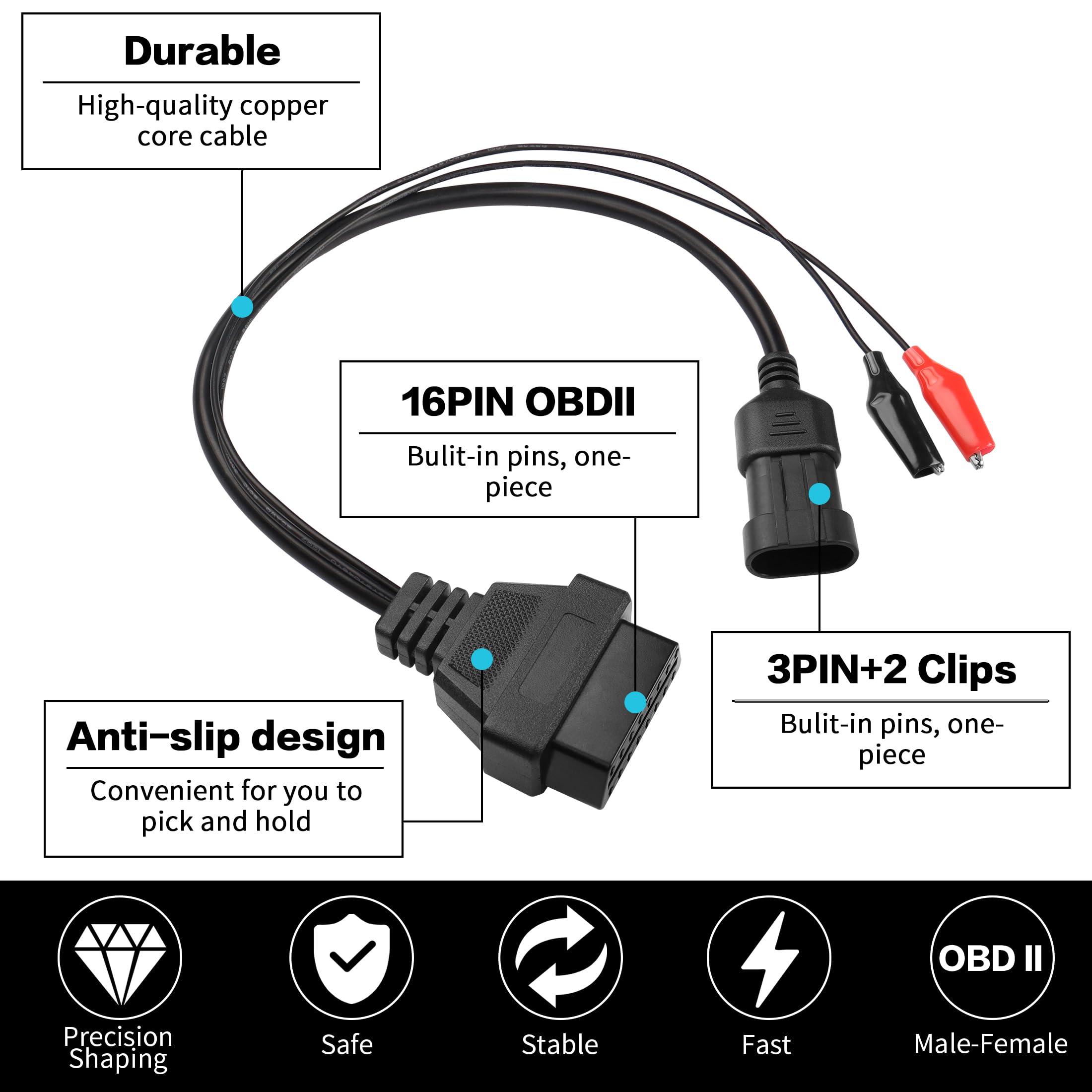 YACSEJAO Adattatore da 3 pin a 16 pin OBD2, connettore diagnostico per auto OBD OBDII a 3 pin maschio a 16 pin femmina con clip a coccodrillo per auto Fiat Alfa Romeo Lancia