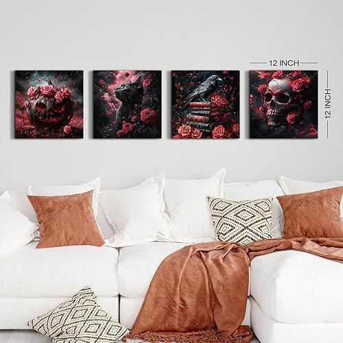 Miniatura 2 de Lienzo gótico para pared, diseño de rosa romántica, decoración de pared de Halloween, pintura gótica oscura, gato negro, cuervo, calabaza, calavera,