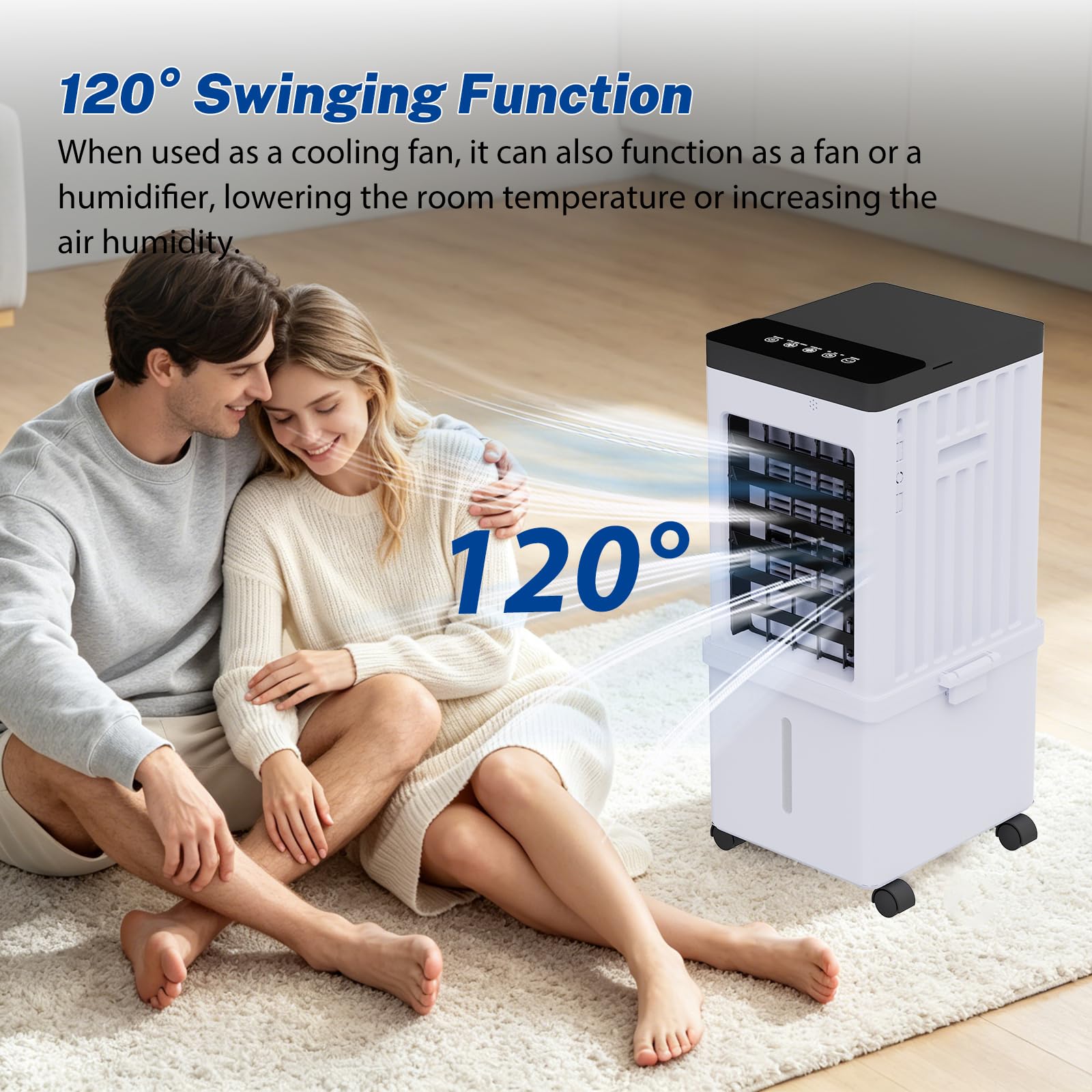 Kouamor 60cm Intelligenter Verdunstungs-Luftkühler Ventilator, 15L Tragbarer Wasser-Luftkühler mit Fernbedienung, 3 Geschwindigkeiten, 3 Modi, Leiser Turmventilator