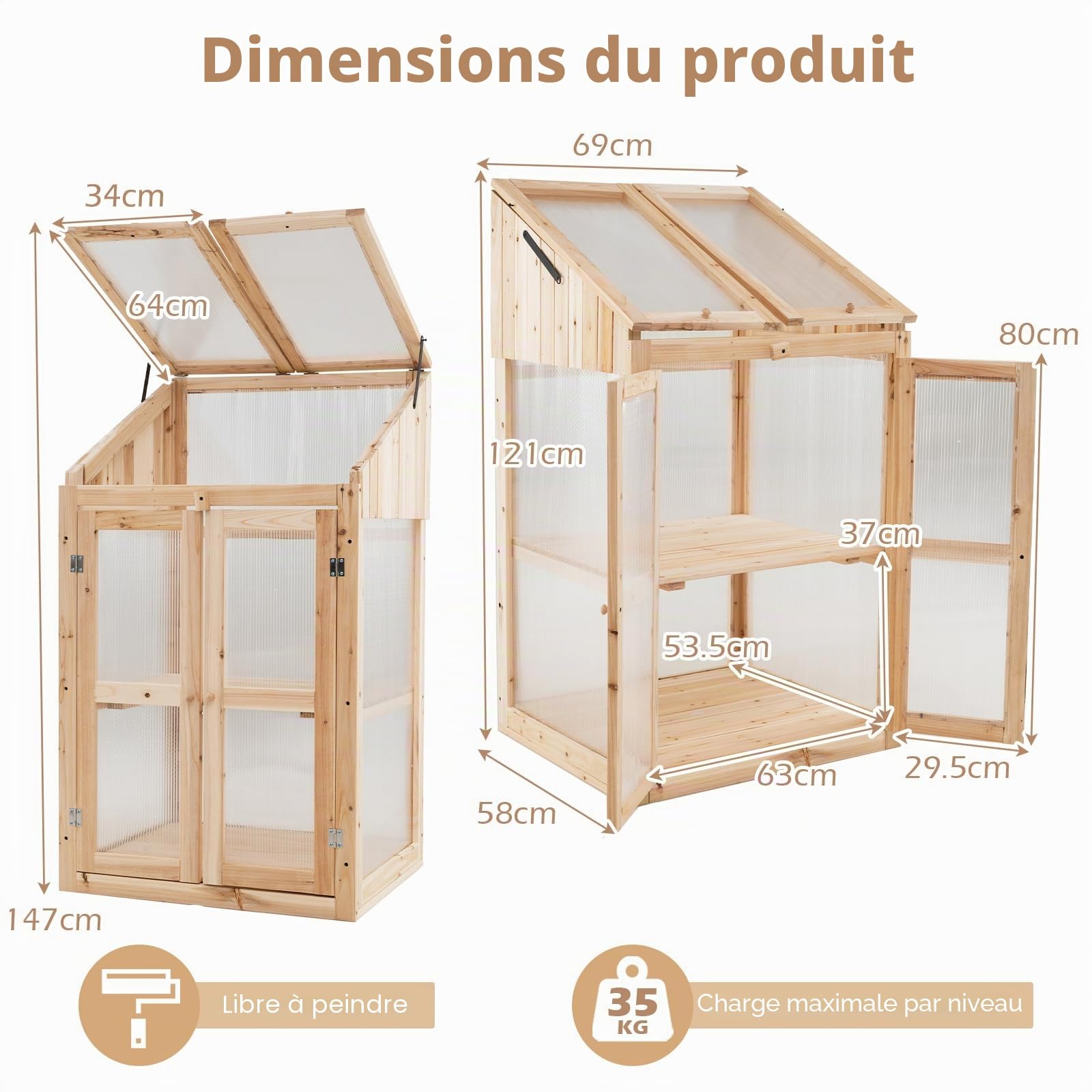 HOMASIS Serre de balcon en polycarbonate et verre, mini serre de jardin avec 2 étagères et portes, serre de terrasse en bois de sapin (naturel, 69 x 58 x 121 cm)