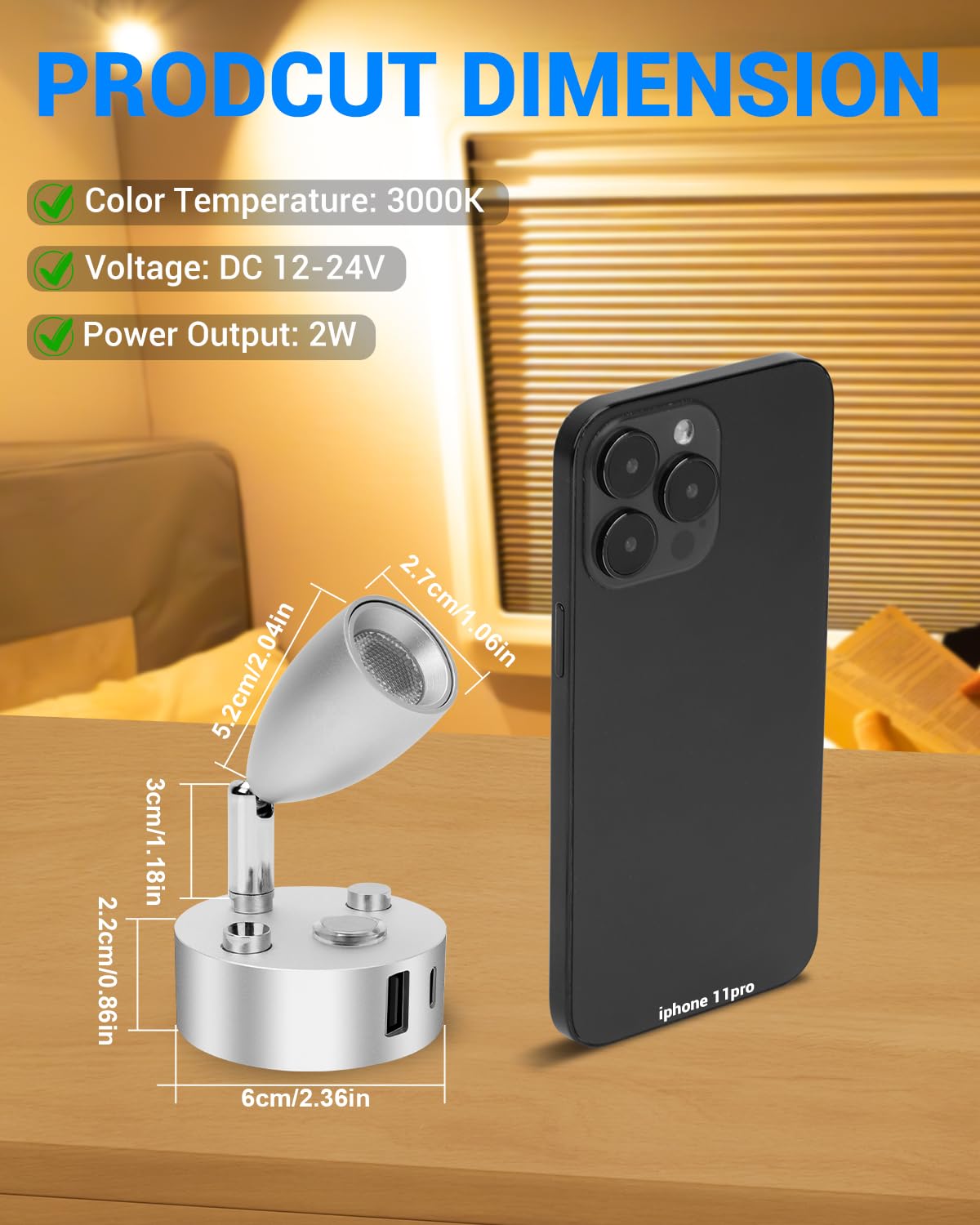 SUPAREE Lampe 12V LED Caravane 12V Lampe LED Camping-car USB 12v led Éclairage Camping Car 3000K Dimmable avec Prise USB C Interrupteur Tactile pour RV Camion Bateau Van Fourgon 1PC