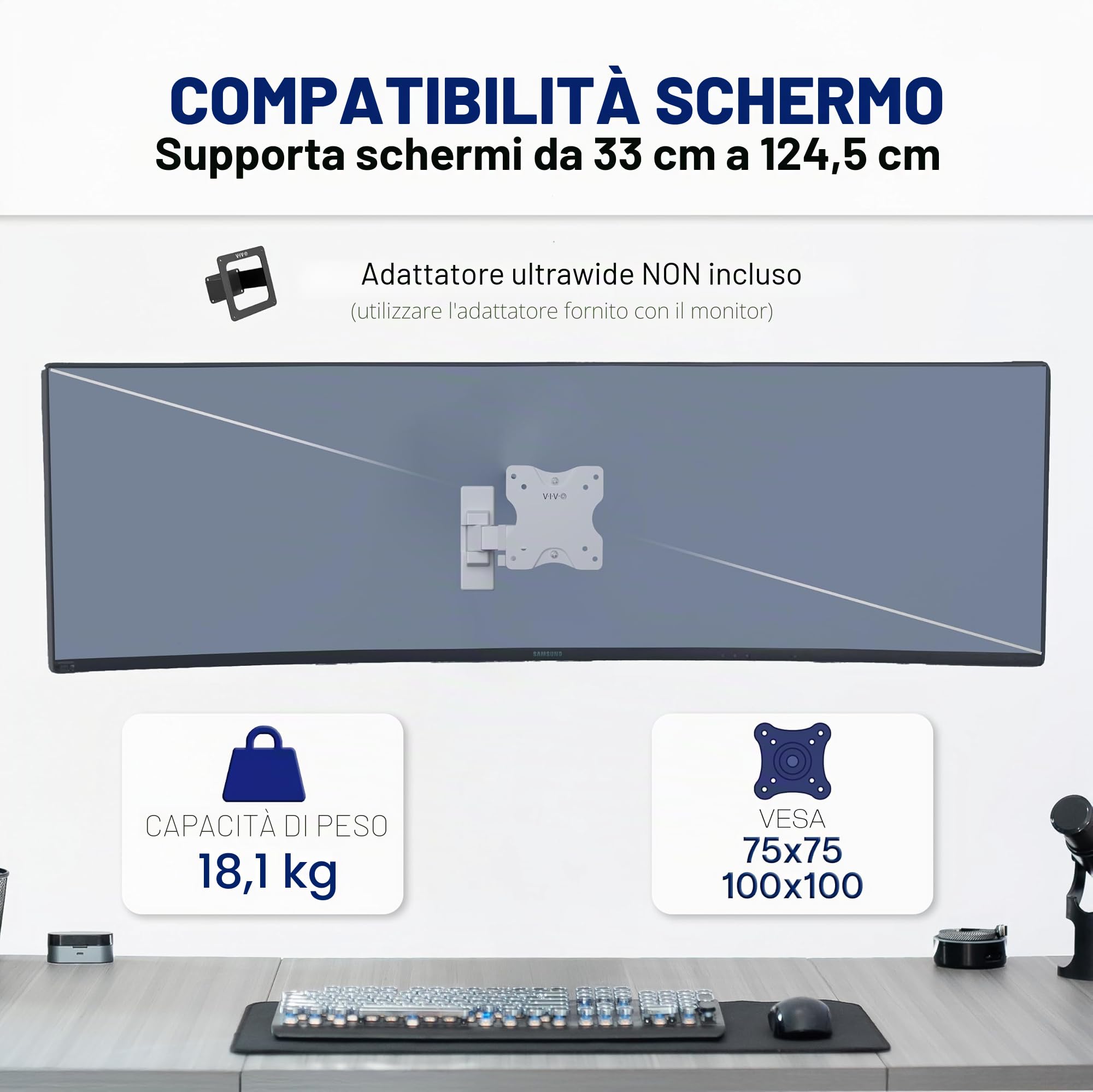 VIVO MOUNT-VW01MW - Supporto da parete Full Motion per TV LCD LED e schermi fino a 27", inclinabile e girevole, VESA max 100 x 100 mm, colore: bianco