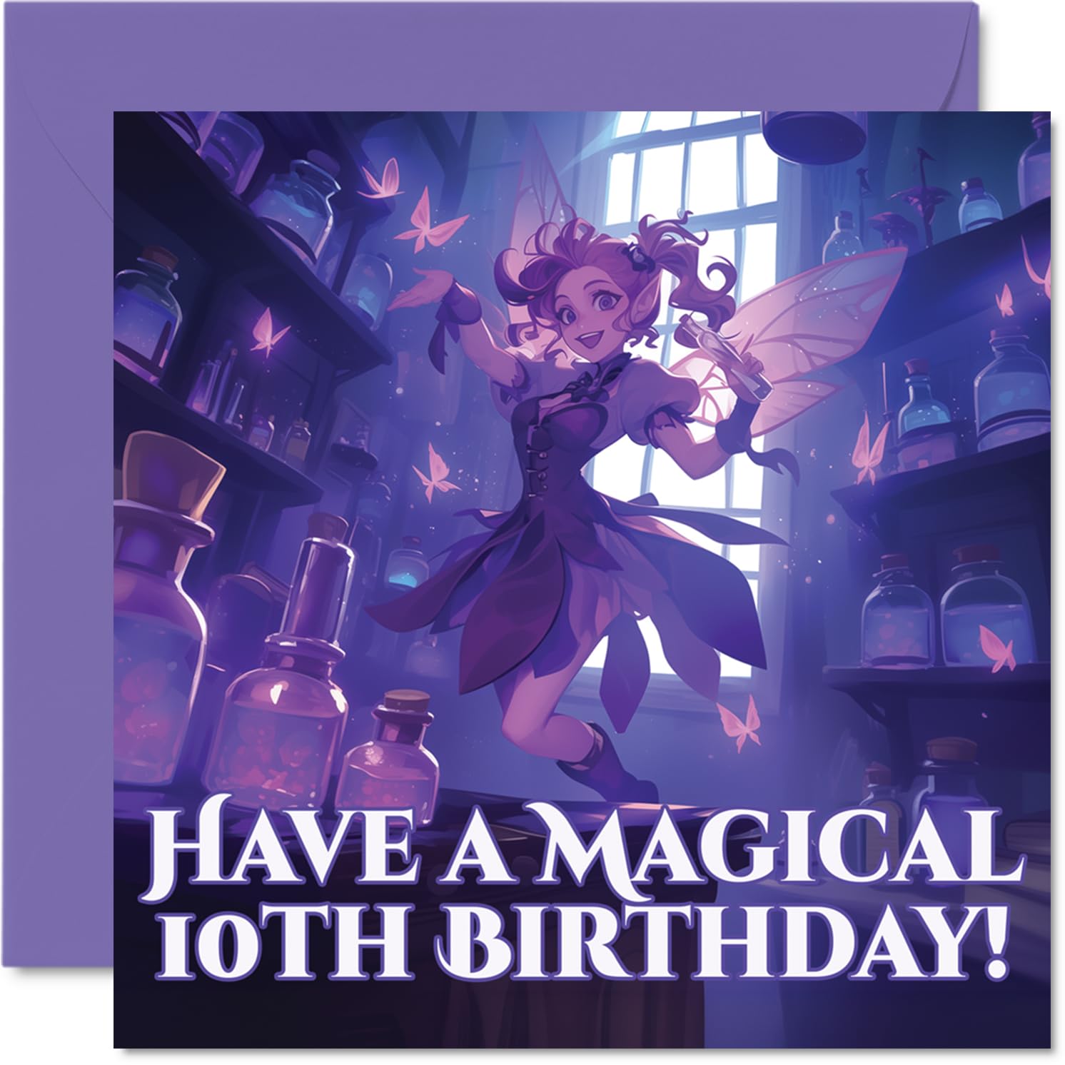 Cute Birthday Card - Sprinkle Some Birthday Magic - Whimsical Fairy in a Pink and Purple Wonderland - Full of Enchanting Charm - 145mm Square, Envelope Included