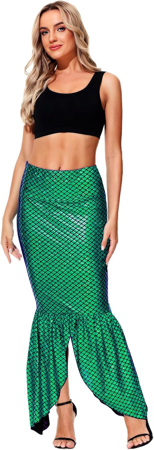 AOBUTE Women Mermaid Costume Skirt Shiny Maxi Fish Skirts Halloween Cosplay Outfits